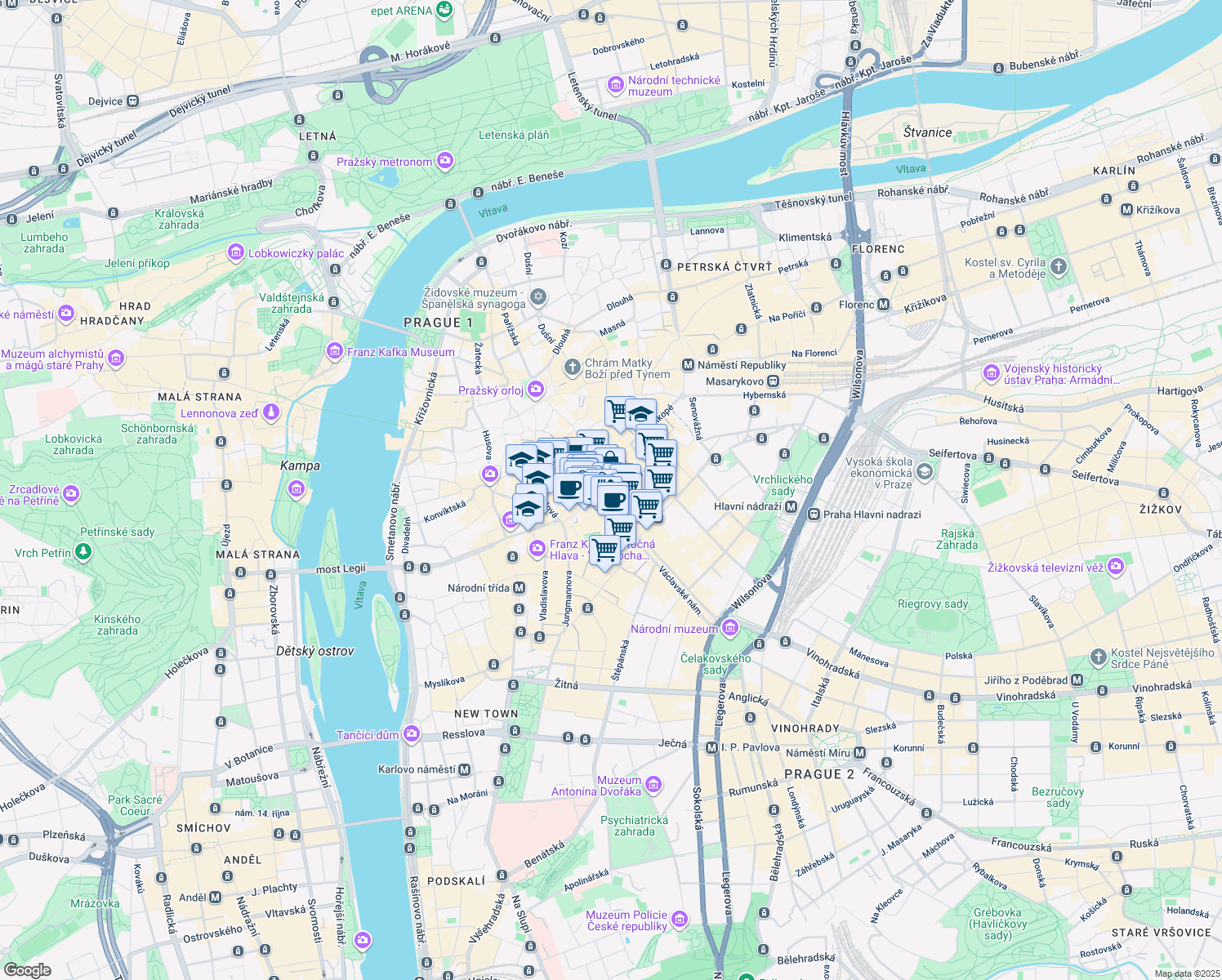map of restaurants, bars, coffee shops, grocery stores, and more near 3 Wenceslas Square in Prague