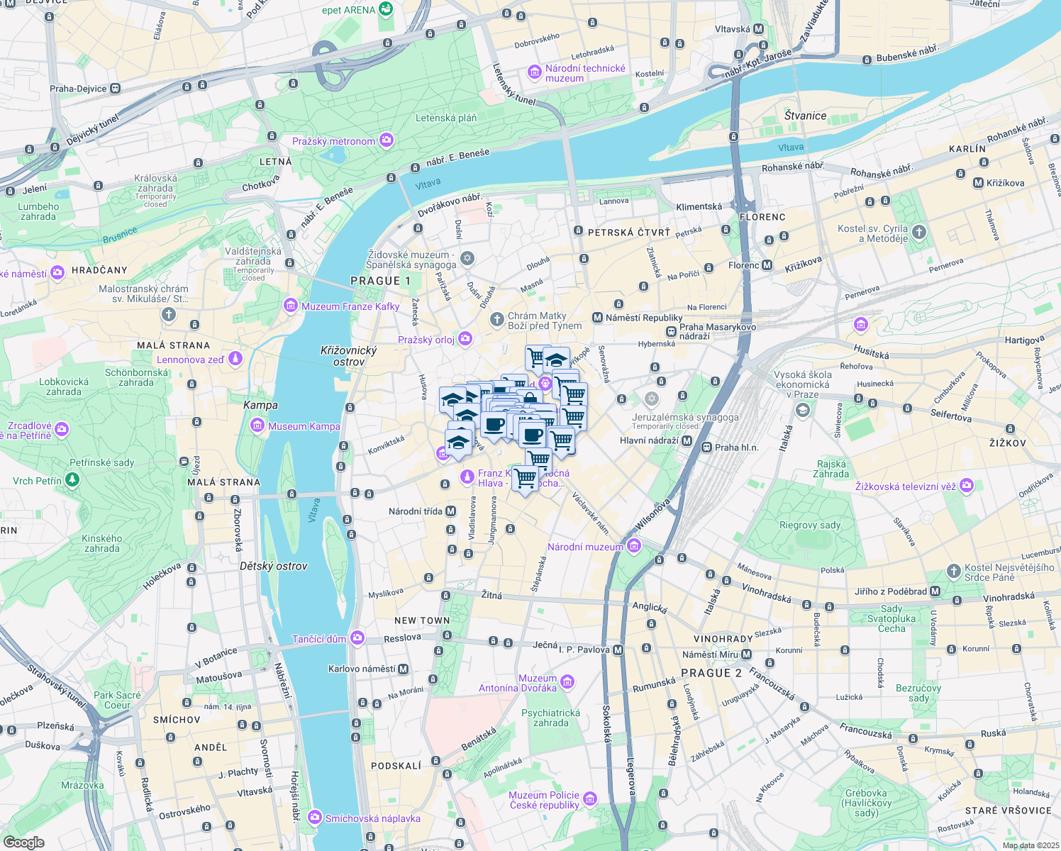 map of restaurants, bars, coffee shops, grocery stores, and more near 3 Wenceslas Square in Prague