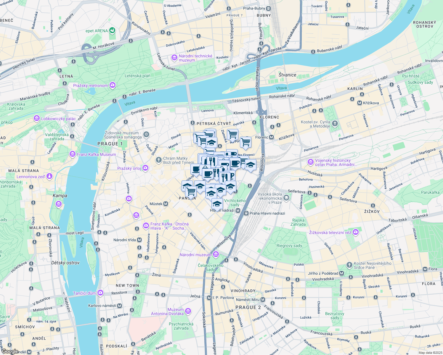 map of restaurants, bars, coffee shops, grocery stores, and more near 3 Dlážděná in Hlavní město Praha