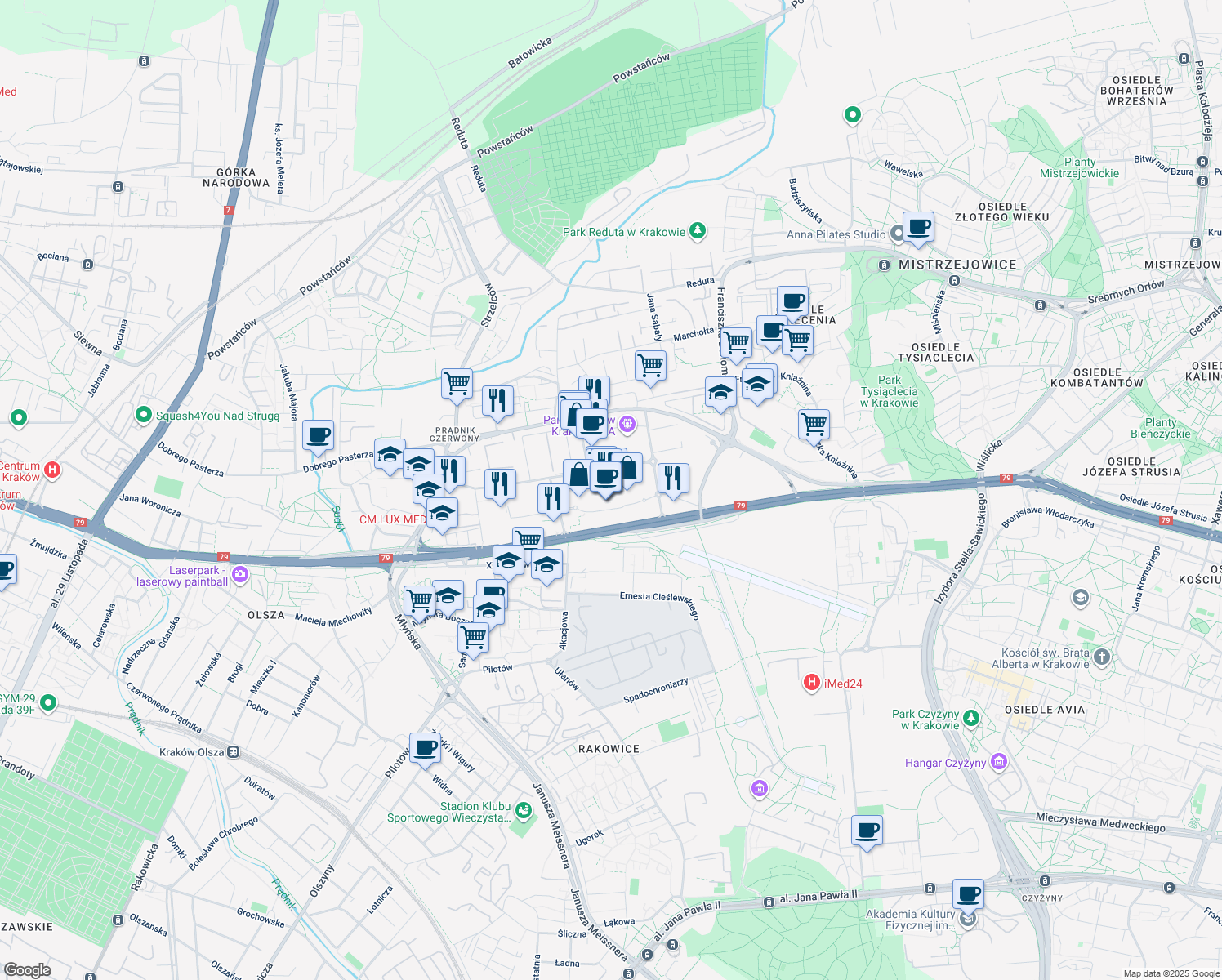 map of restaurants, bars, coffee shops, grocery stores, and more near in Krakow
