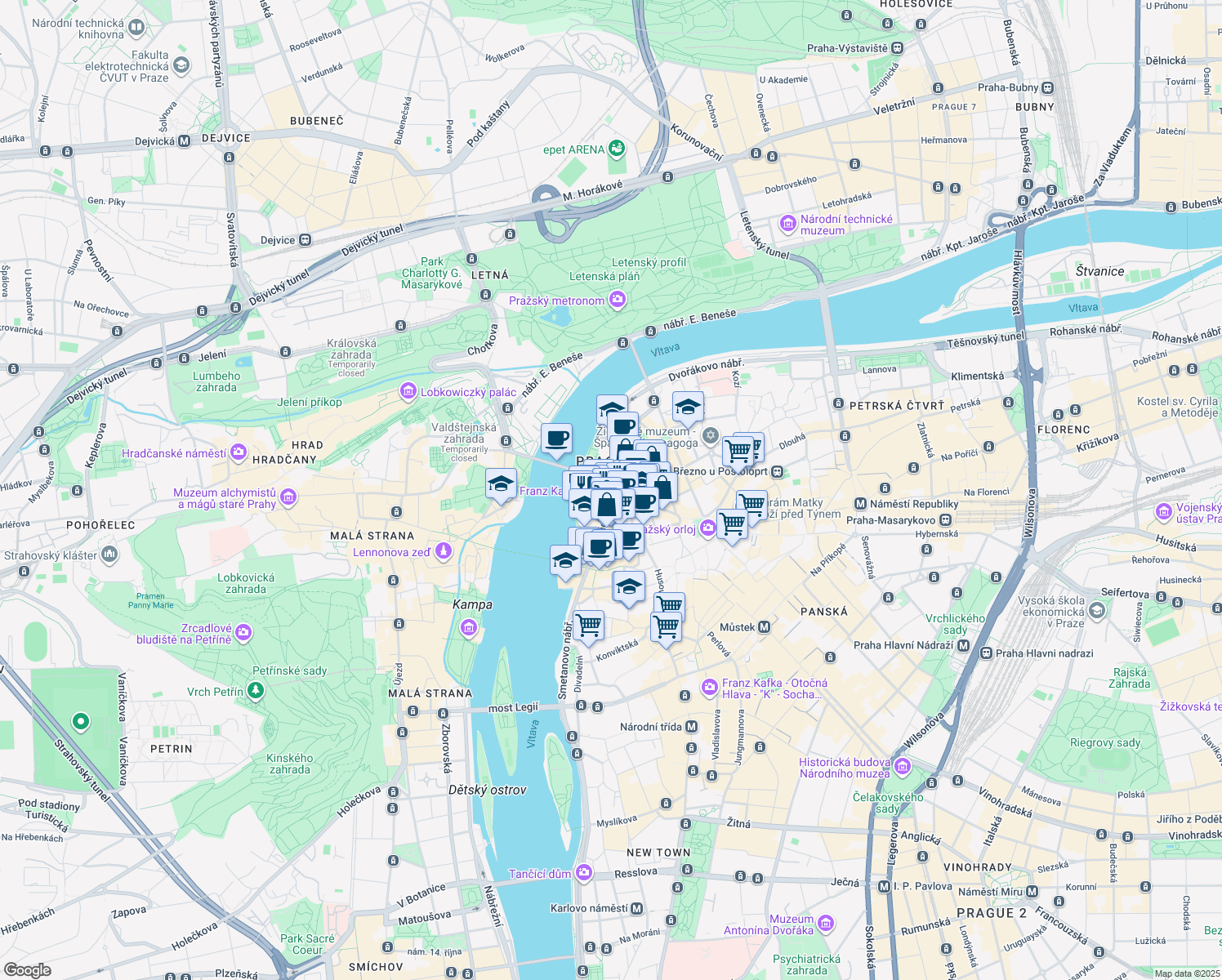 map of restaurants, bars, coffee shops, grocery stores, and more near in Hlavní město Praha