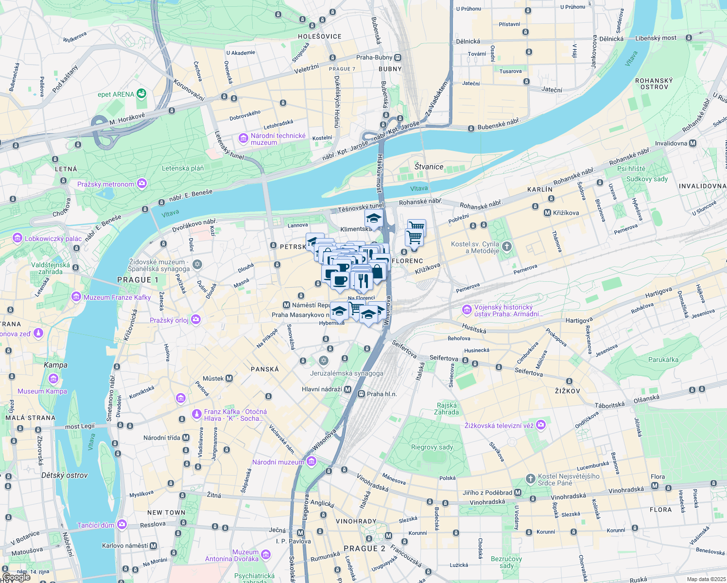 map of restaurants, bars, coffee shops, grocery stores, and more near 19 Na Florenci in Prague
