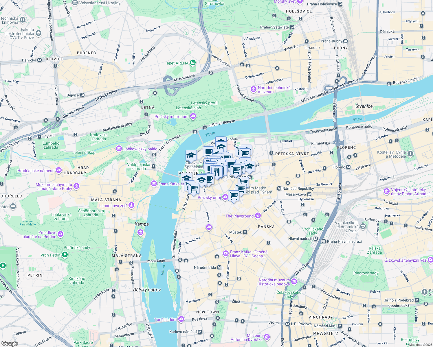 map of restaurants, bars, coffee shops, grocery stores, and more near 125/16 Pařížská in Hlavní město Praha