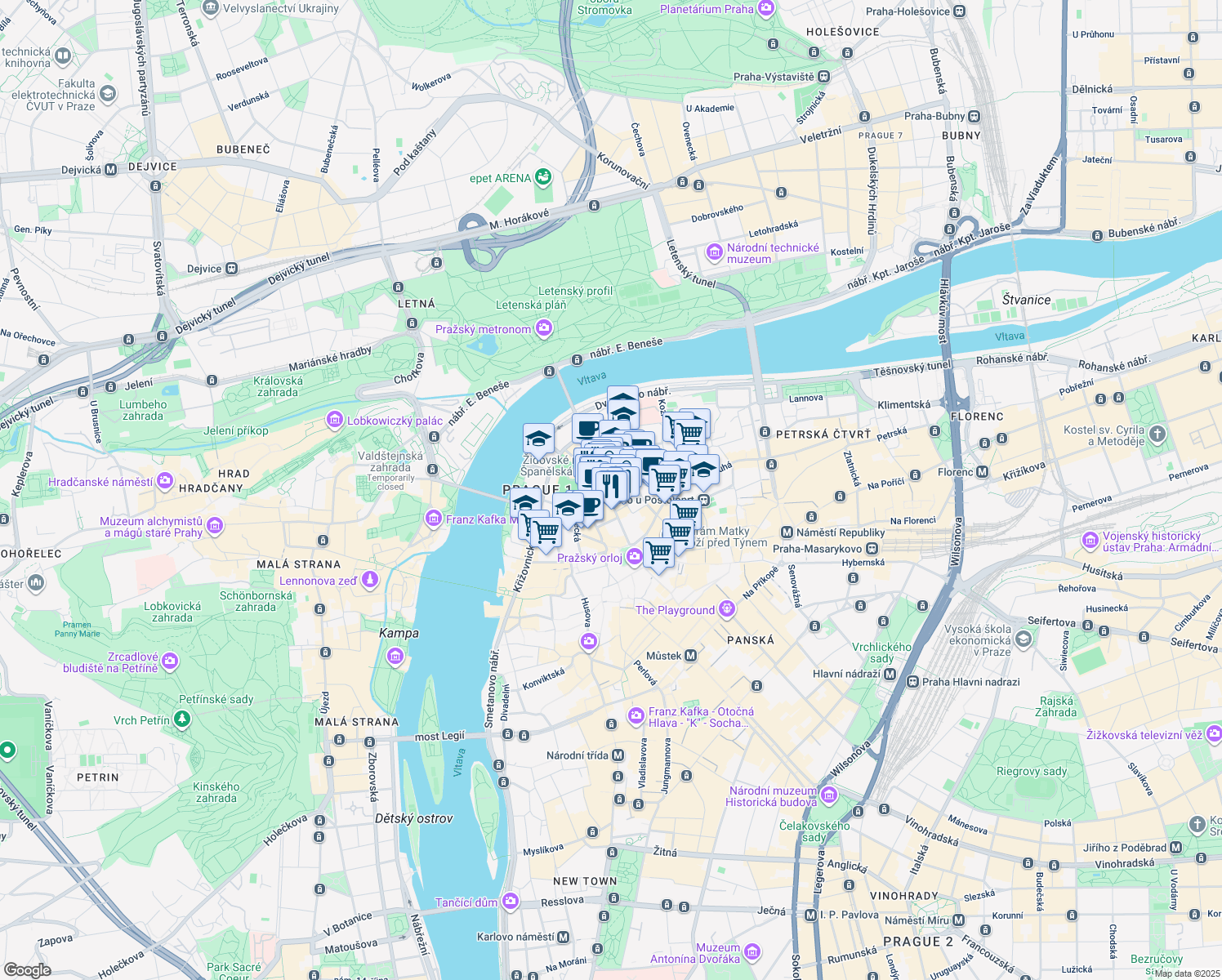 map of restaurants, bars, coffee shops, grocery stores, and more near 125/16 Pařížská in Hlavní město Praha