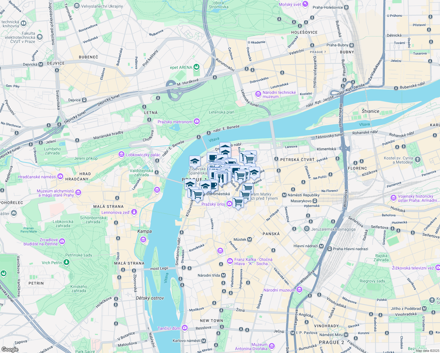 map of restaurants, bars, coffee shops, grocery stores, and more near 20 Pařížská in Hlavní město Praha