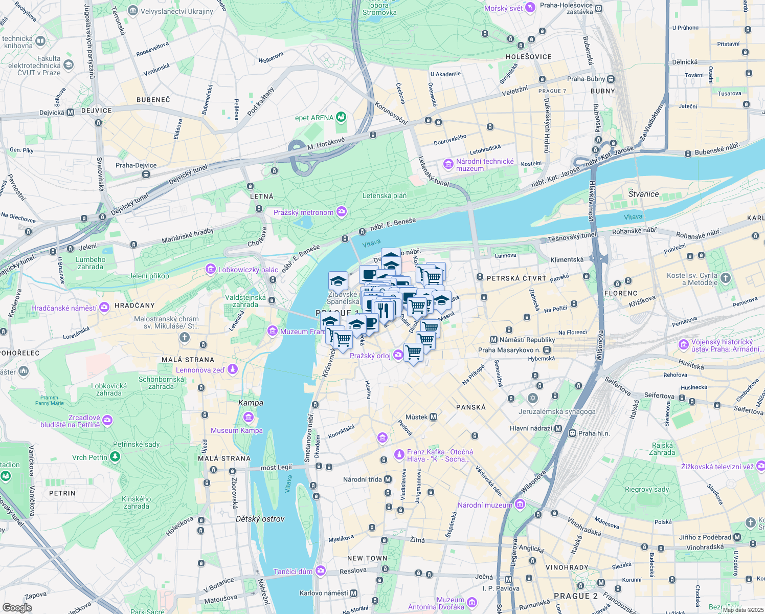 map of restaurants, bars, coffee shops, grocery stores, and more near 20 Pařížská in Hlavní město Praha