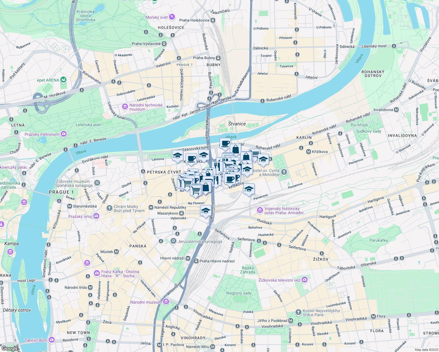 map of restaurants, bars, coffee shops, grocery stores, and more near 3 Sokolovská in Prague