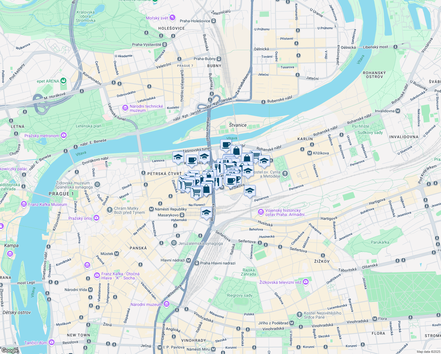 map of restaurants, bars, coffee shops, grocery stores, and more near 3 Sokolovská in Prague
