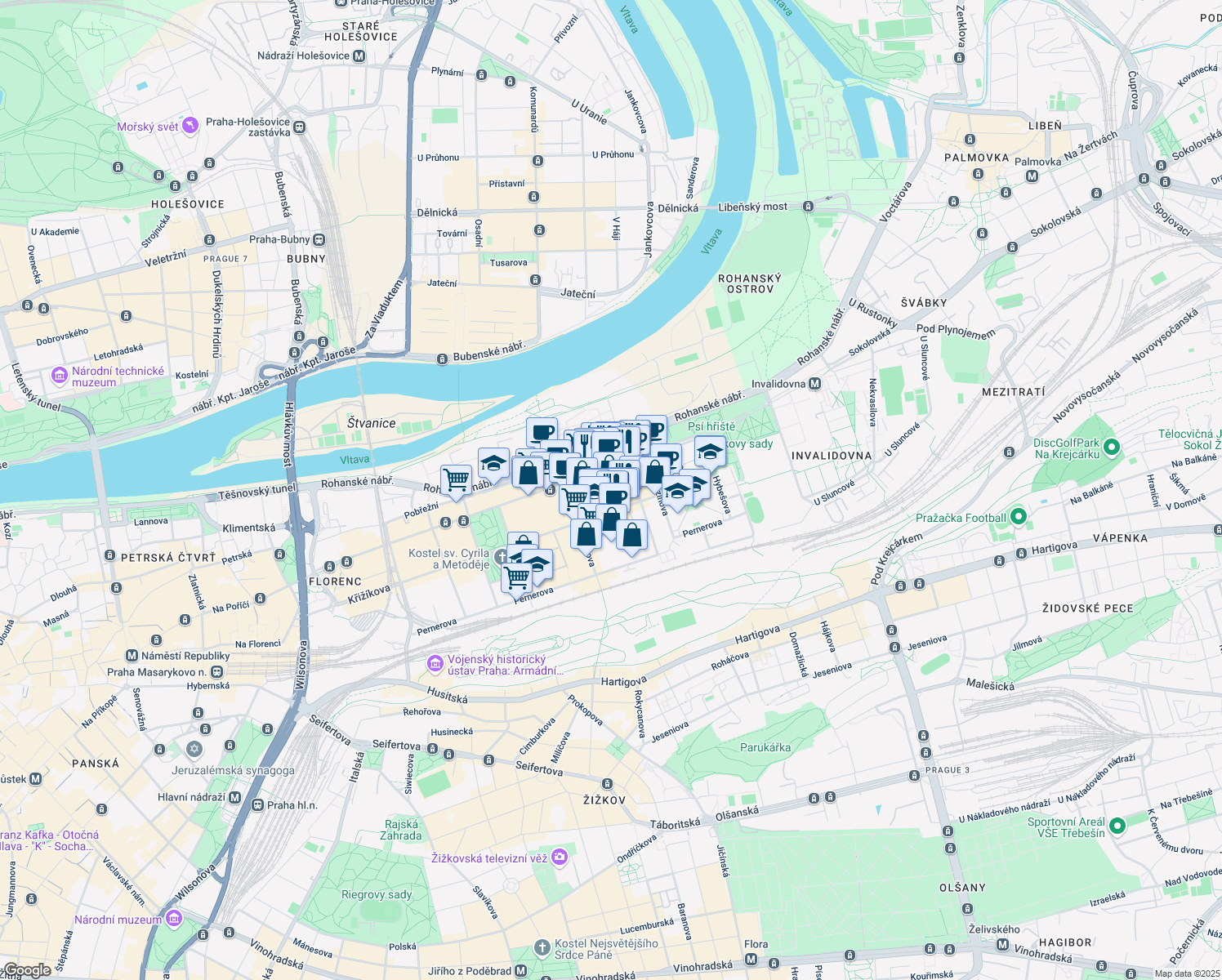 map of restaurants, bars, coffee shops, grocery stores, and more near in Prague