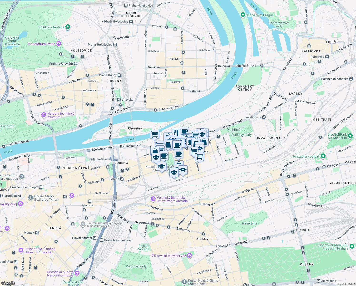 map of restaurants, bars, coffee shops, grocery stores, and more near 10,693 Rohanské nábřeží in Hlavní město Praha