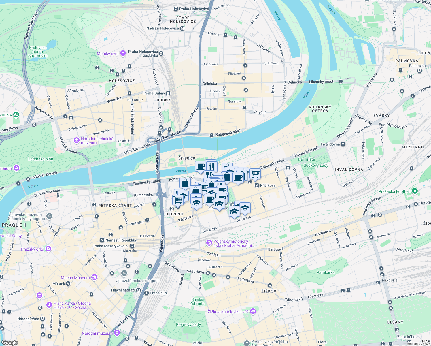 map of restaurants, bars, coffee shops, grocery stores, and more near 3 Karolinská in Hlavní město Praha