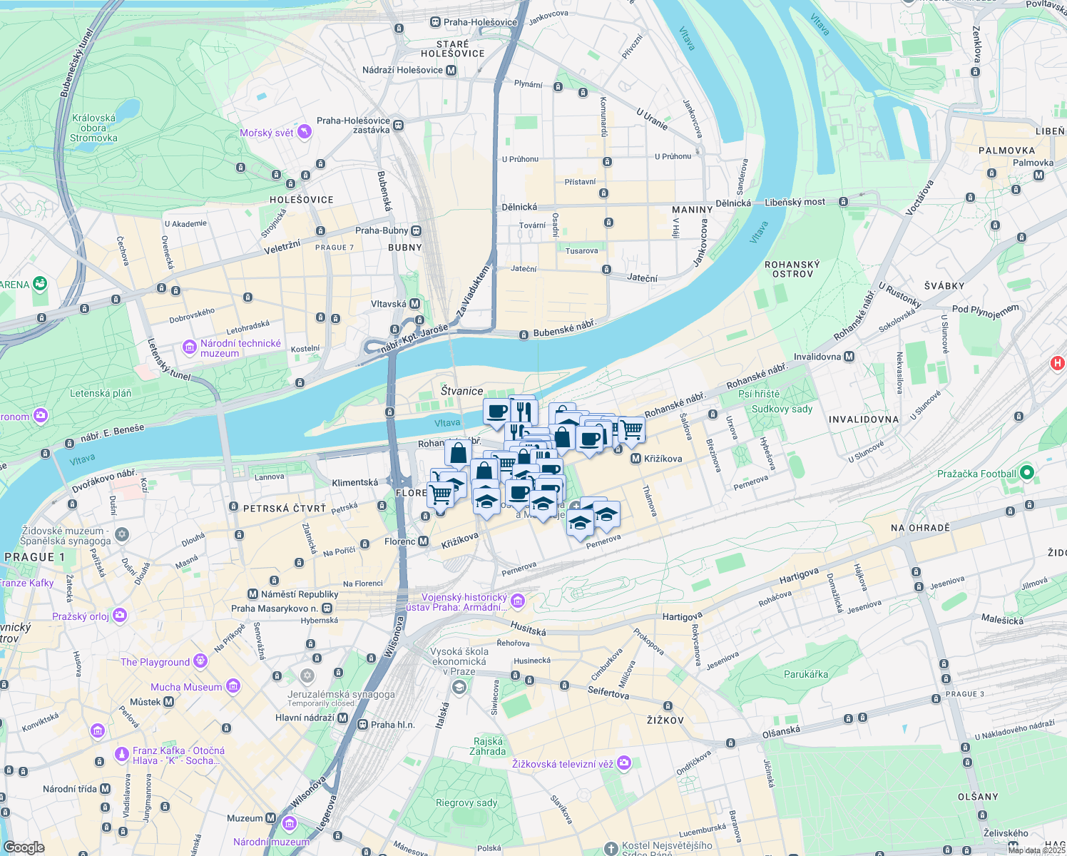 map of restaurants, bars, coffee shops, grocery stores, and more near 3 Karolinská in Hlavní město Praha