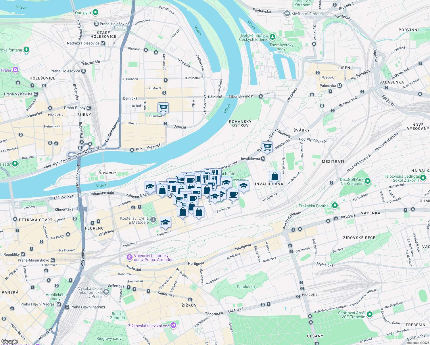map of restaurants, bars, coffee shops, grocery stores, and more near Rohanské nábřeží in Hlavní město Praha