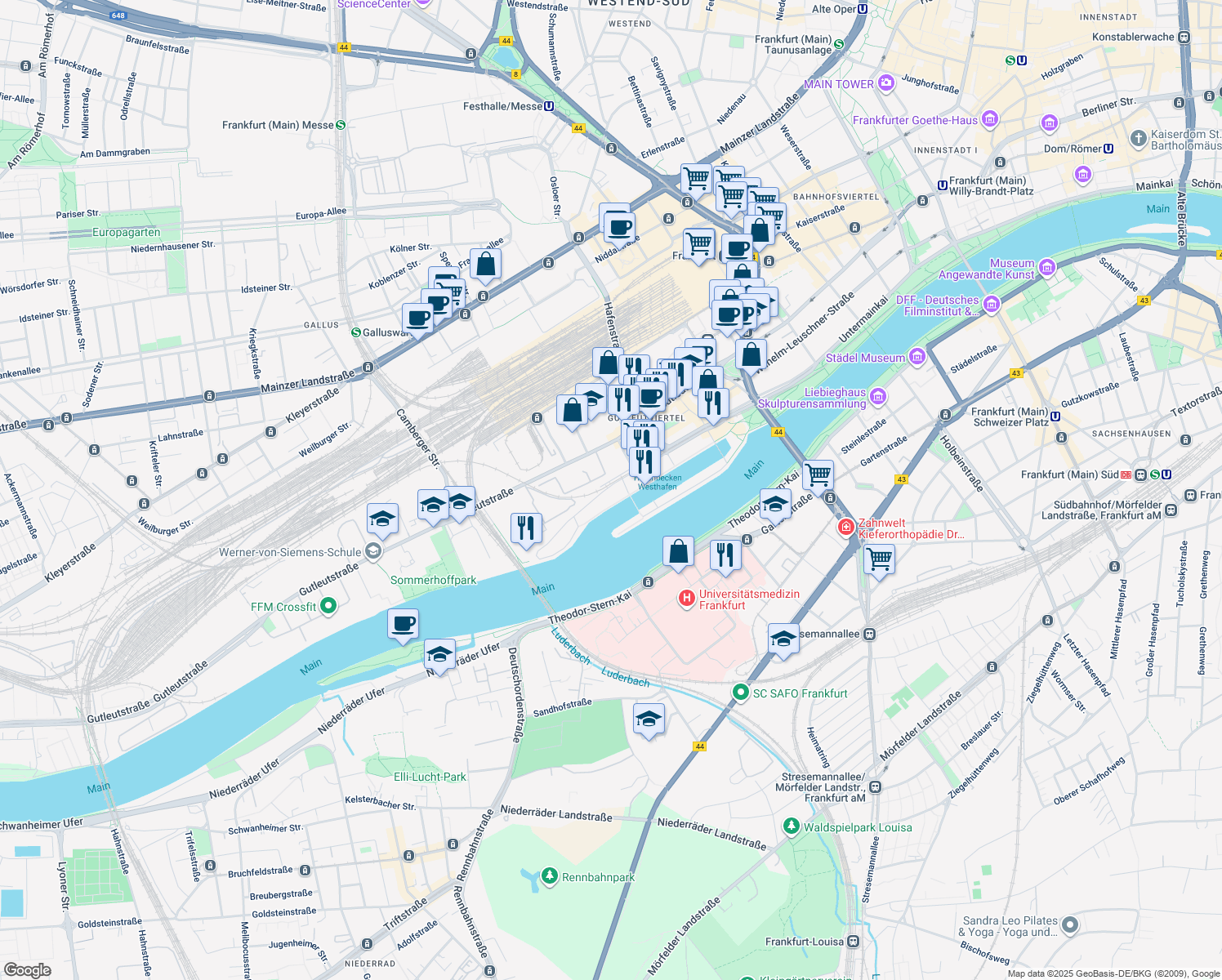 map of restaurants, bars, coffee shops, grocery stores, and more near 53 Speicherstraße in Frankfurt am Main