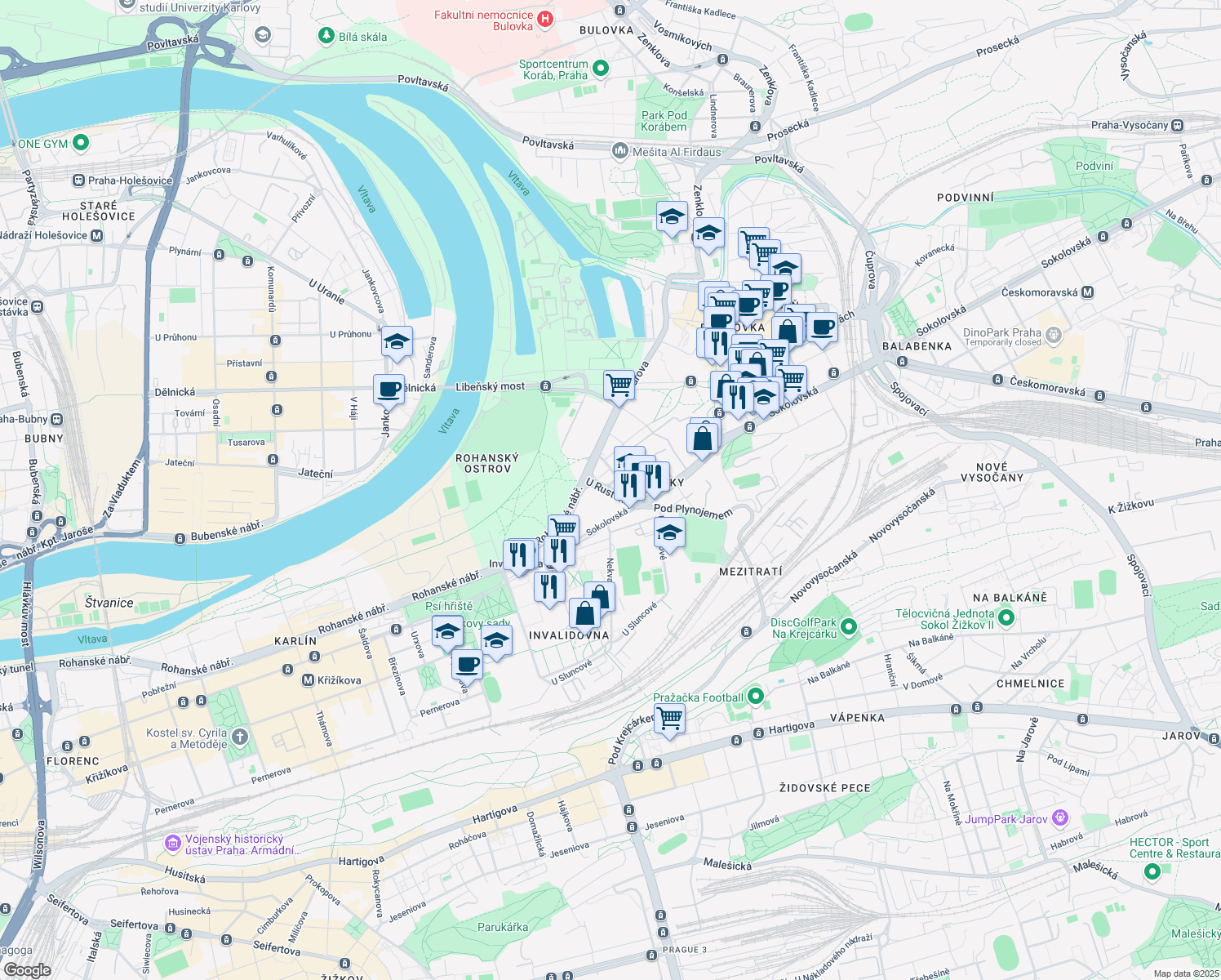 map of restaurants, bars, coffee shops, grocery stores, and more near U Rustonky in Hlavní město Praha