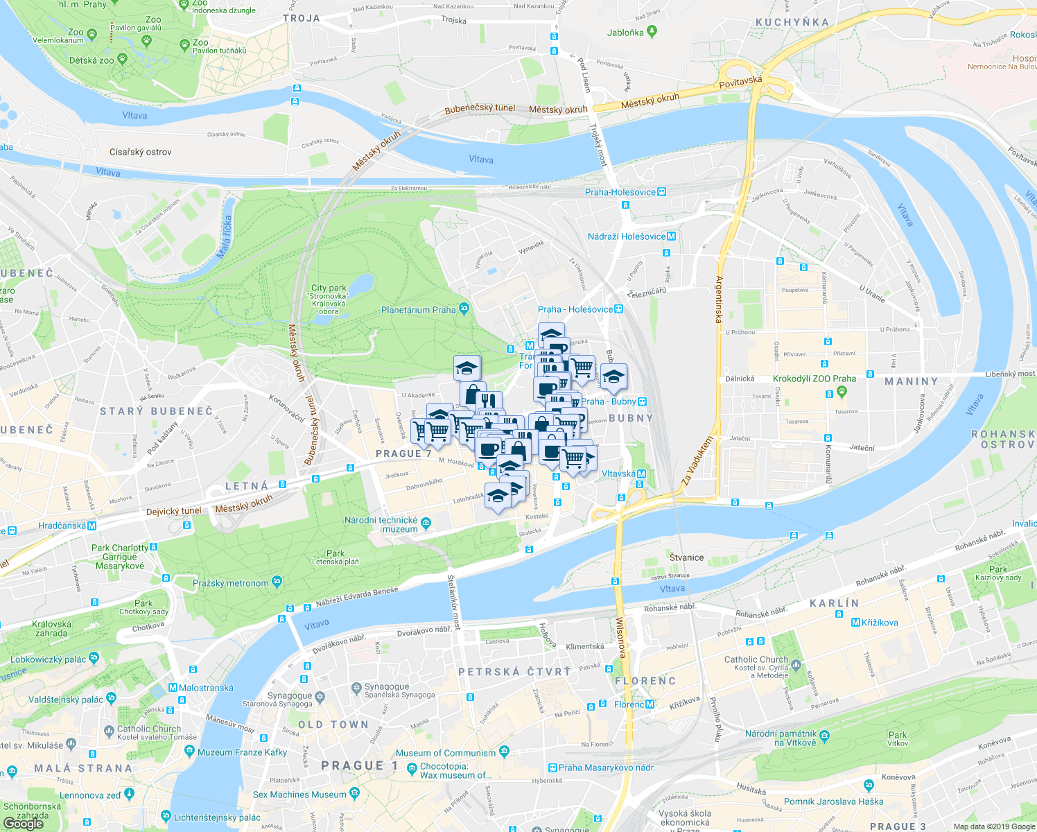 map of restaurants, bars, coffee shops, grocery stores, and more near 24 Veletržní in Hlavní město Praha