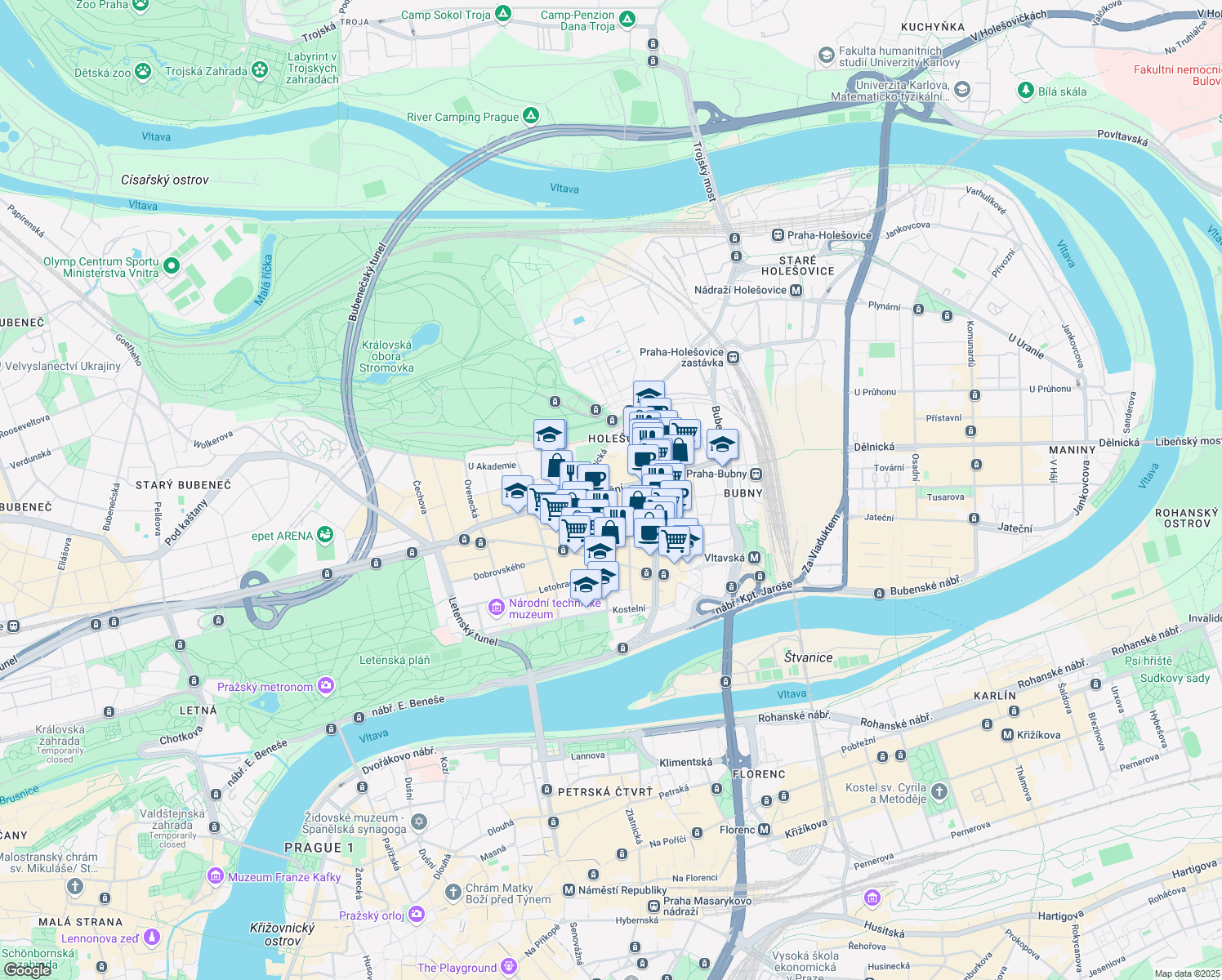 map of restaurants, bars, coffee shops, grocery stores, and more near 24 Veletržní in Hlavní město Praha
