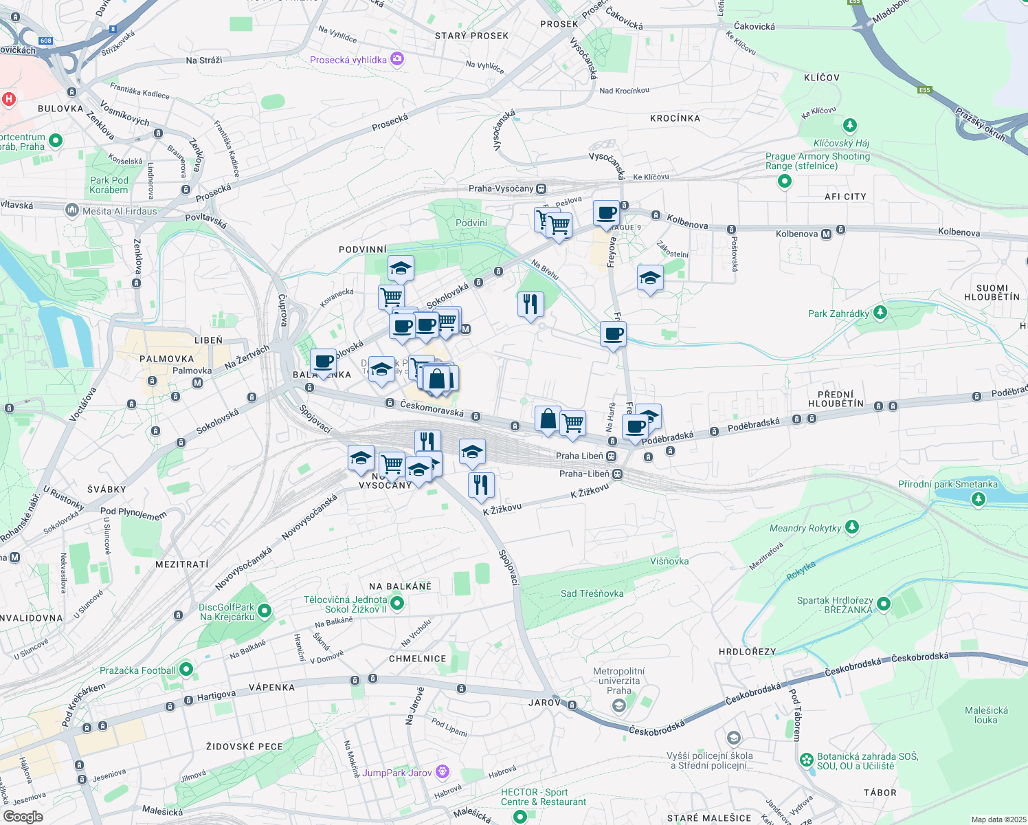 map of restaurants, bars, coffee shops, grocery stores, and more near 2510 Českomoravská in Hlavní město Praha