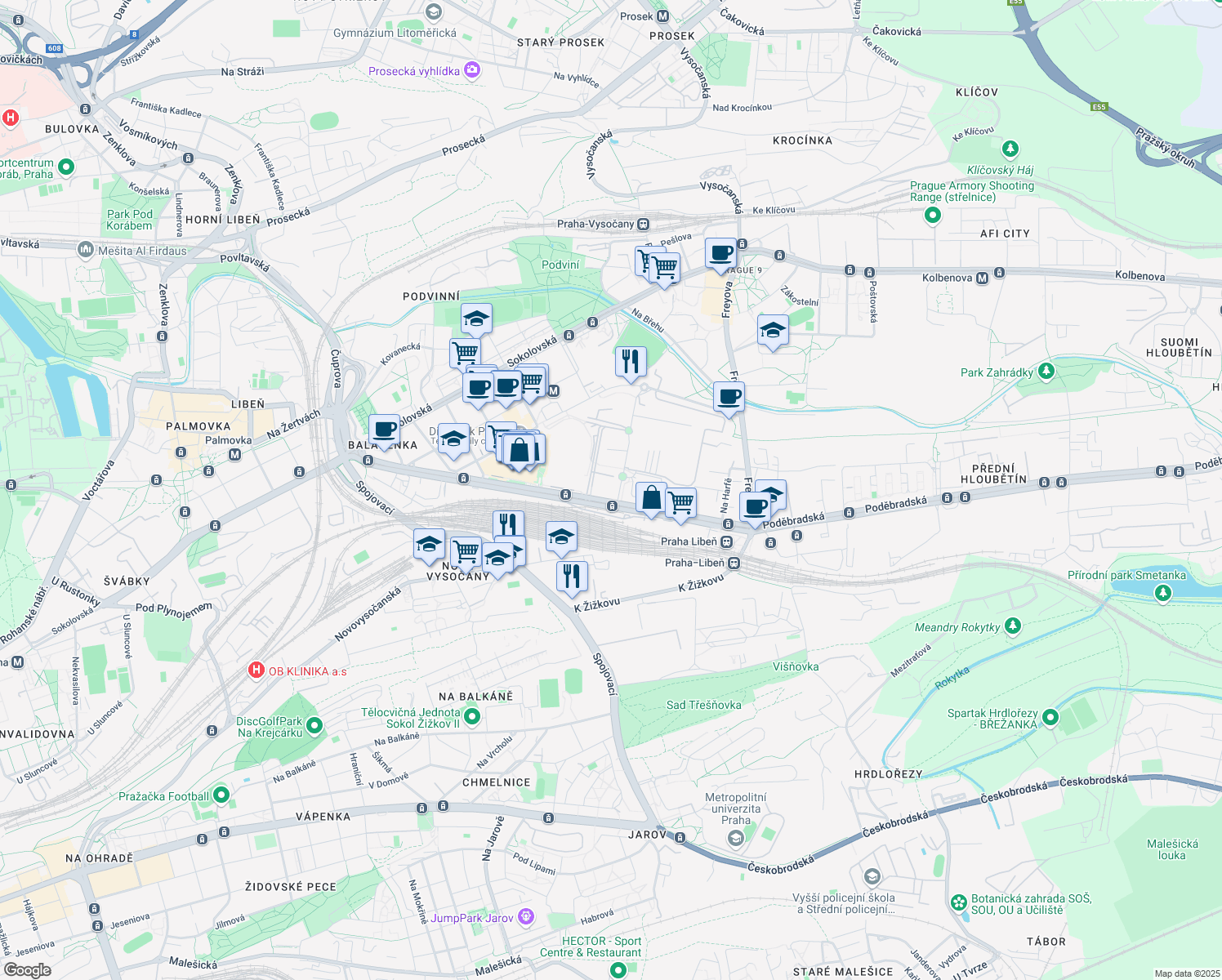 map of restaurants, bars, coffee shops, grocery stores, and more near 2510 Českomoravská in Hlavní město Praha