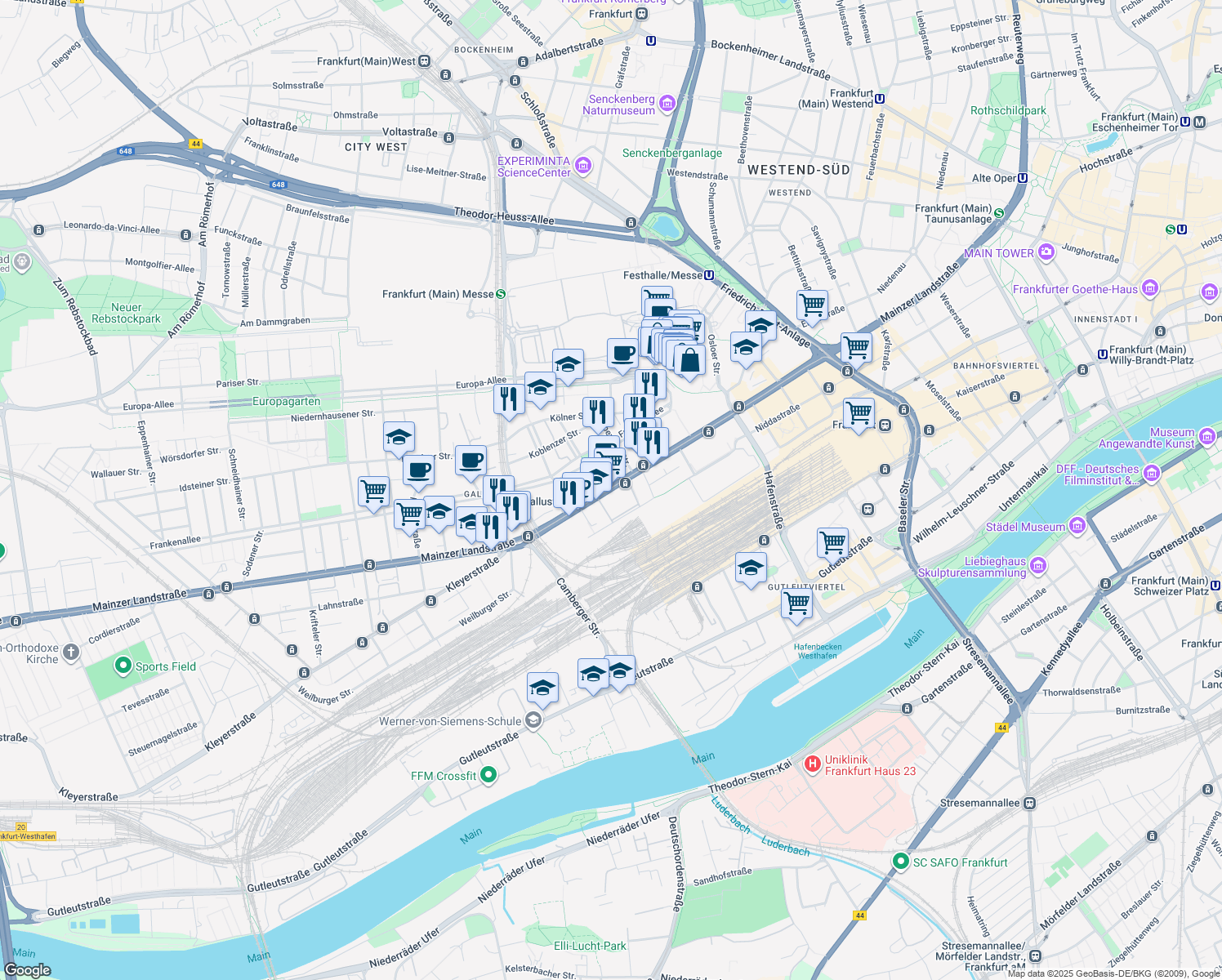 map of restaurants, bars, coffee shops, grocery stores, and more near 195 Mainzer Landstraße in Frankfurt am Main