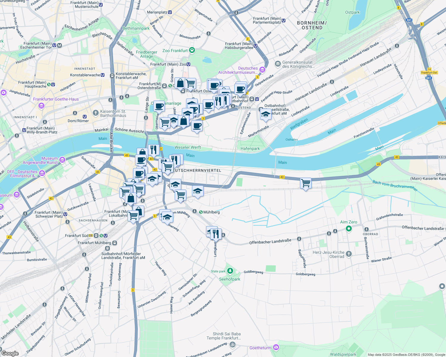 map of restaurants, bars, coffee shops, grocery stores, and more near 76 Zum Laurenburger Hof in Frankfurt am Main