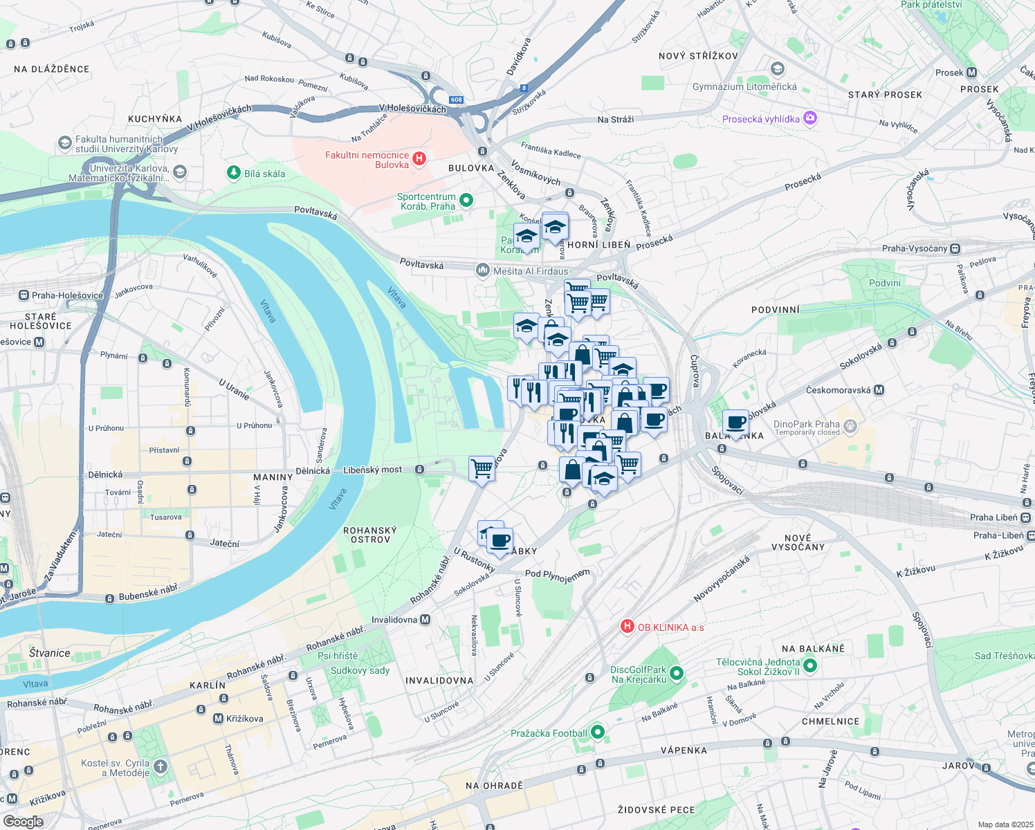 map of restaurants, bars, coffee shops, grocery stores, and more near 5 Voctářova in Hlavní město Praha