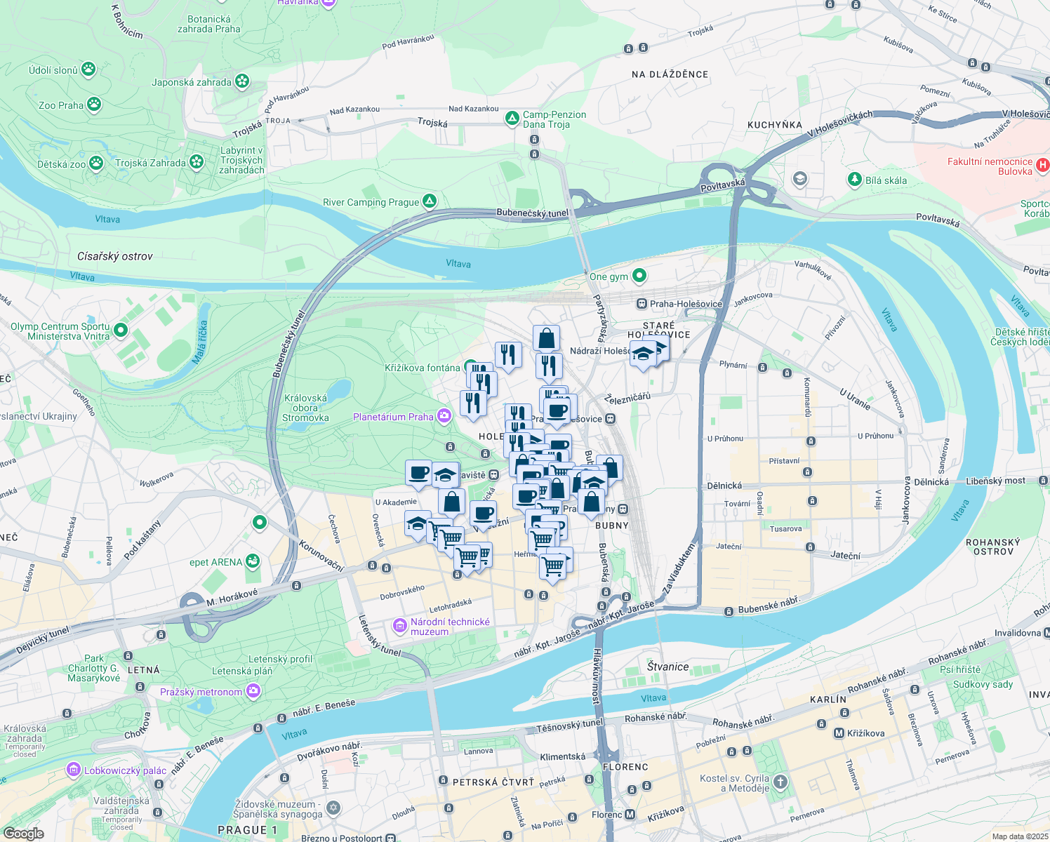 map of restaurants, bars, coffee shops, grocery stores, and more near in Prague