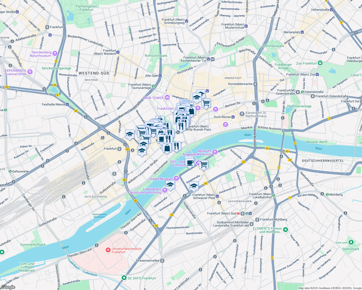 map of restaurants, bars, coffee shops, grocery stores, and more near 5 Hofstraße in Frankfurt am Main