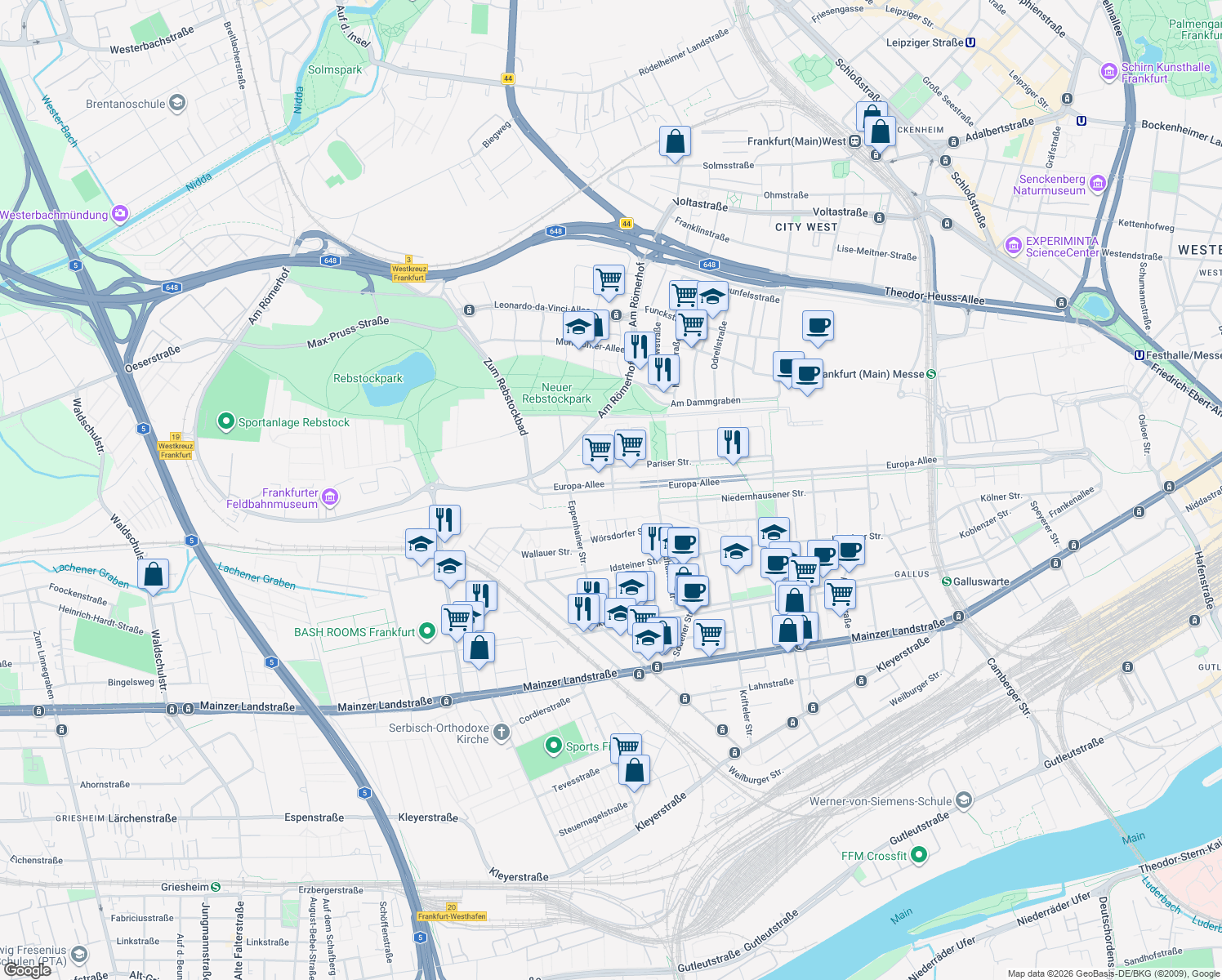 map of restaurants, bars, coffee shops, grocery stores, and more near 140 Europa-Allee in Frankfurt am Main
