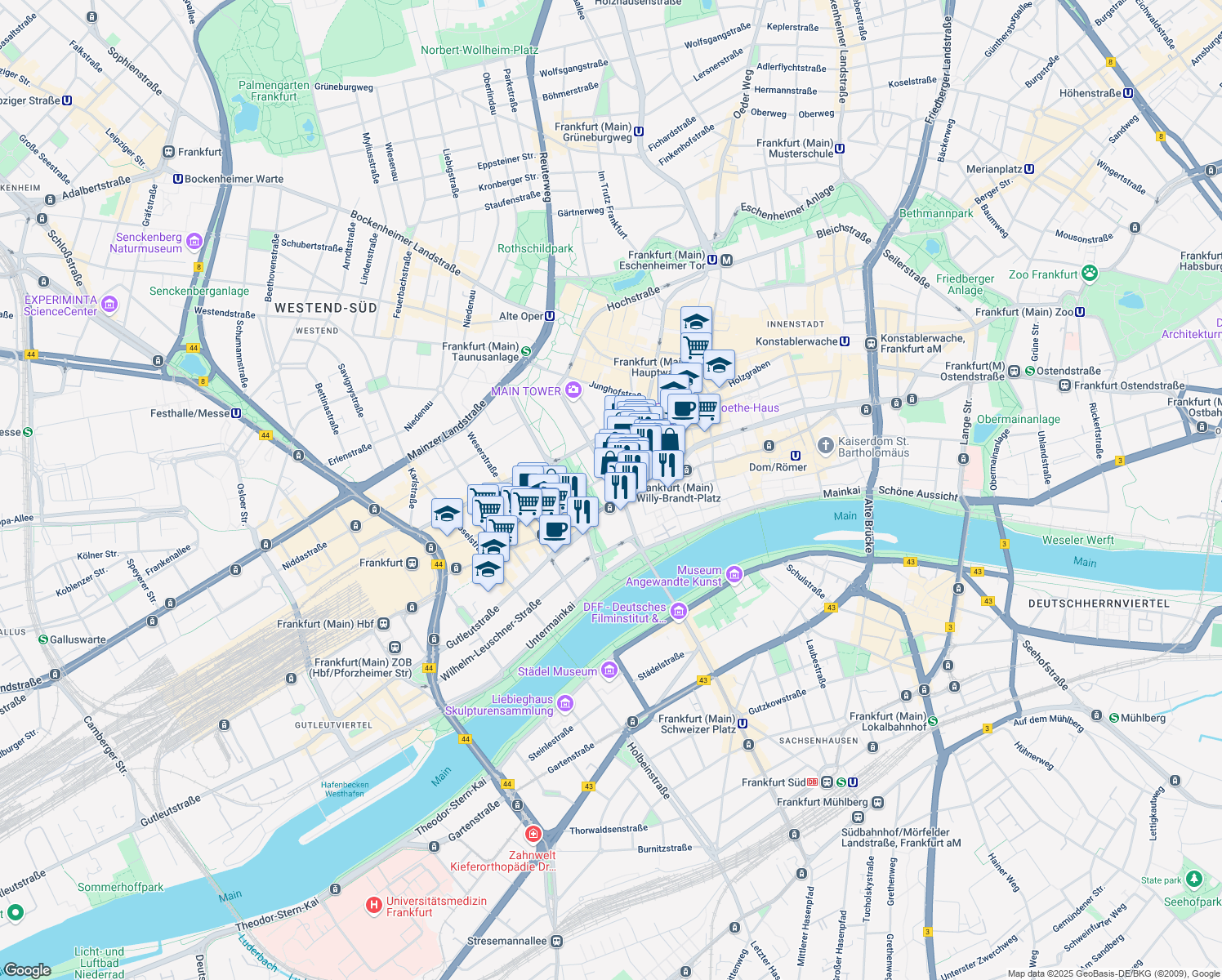 map of restaurants, bars, coffee shops, grocery stores, and more near 29 Kaiserstraße in Frankfurt