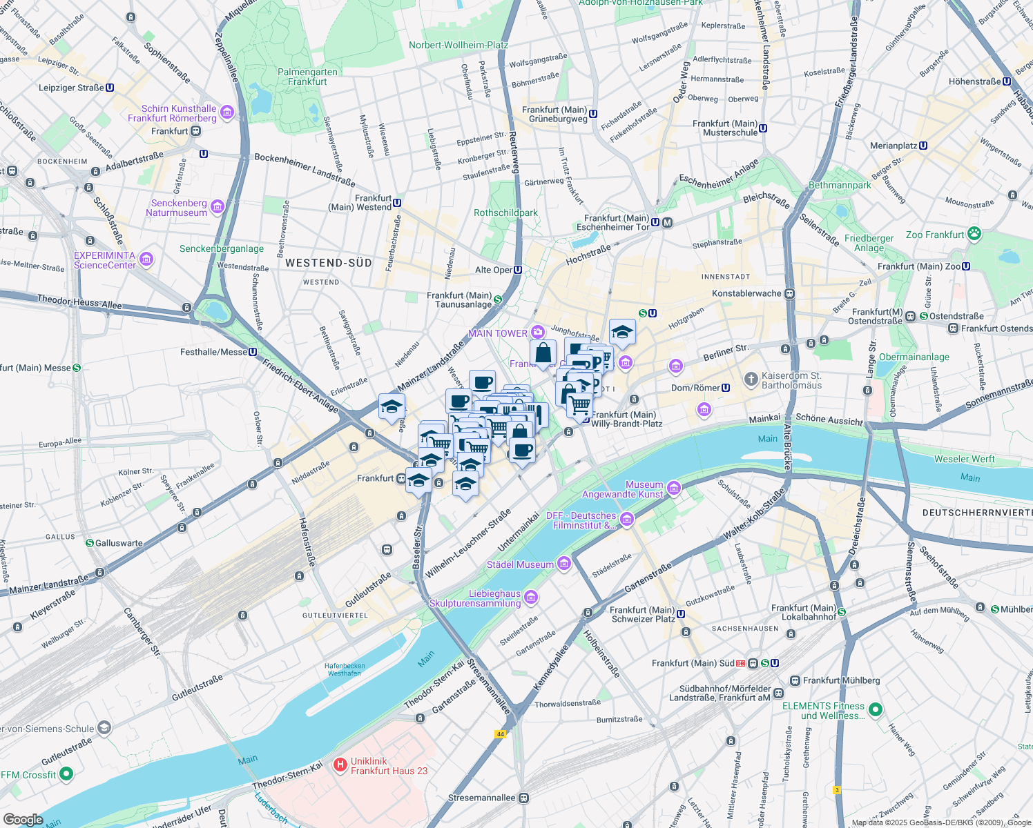 map of restaurants, bars, coffee shops, grocery stores, and more near 7 Gallusanlage in Frankfurt