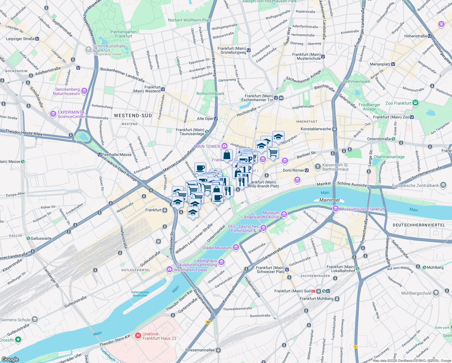 map of restaurants, bars, coffee shops, grocery stores, and more near 7 Gallusanlage in Frankfurt am Main