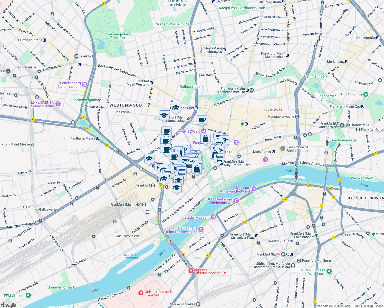 map of restaurants, bars, coffee shops, grocery stores, and more near 1 Taunusanlage in Frankfurt am Main