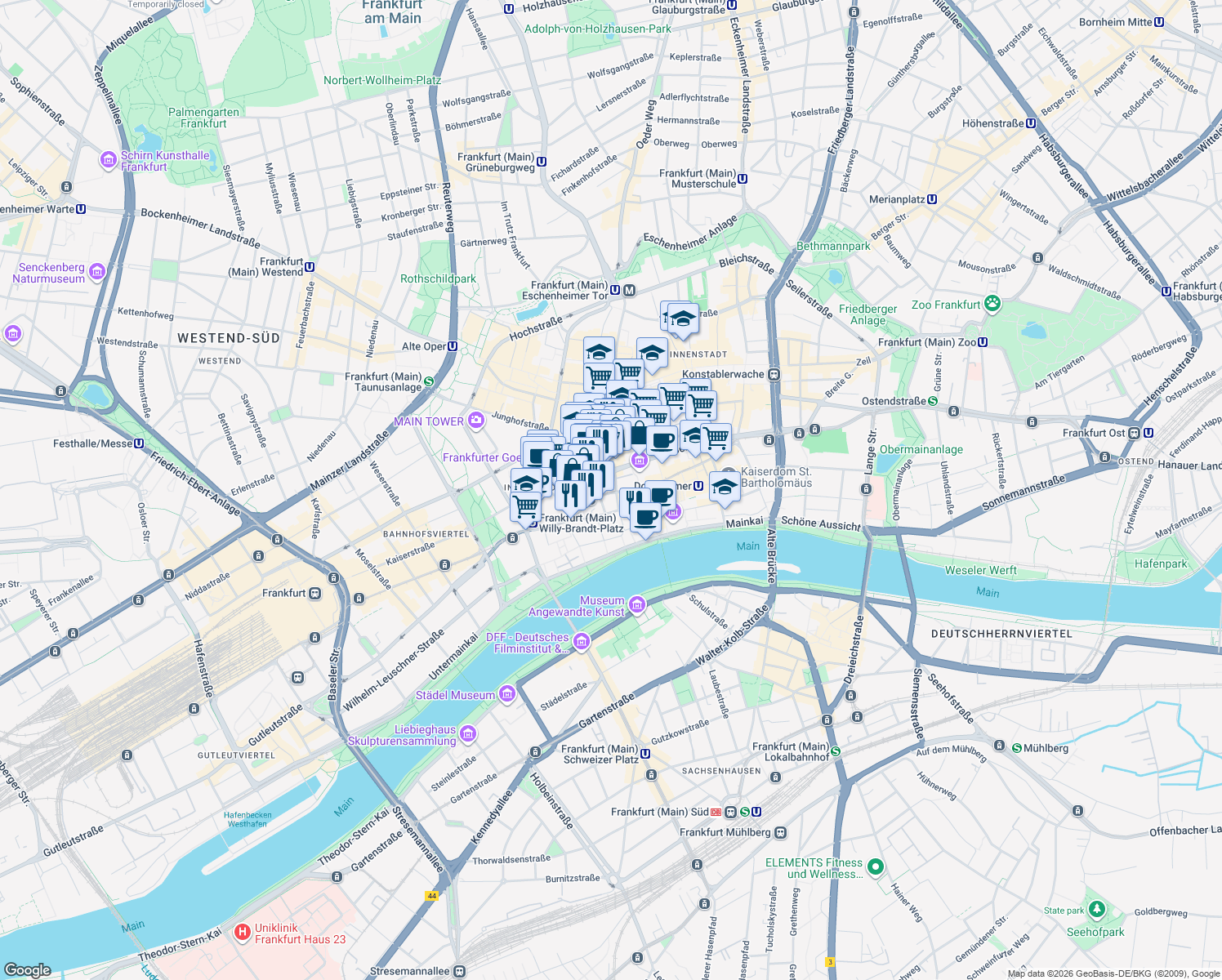 map of restaurants, bars, coffee shops, grocery stores, and more near 6 Bethmannstraße in Frankfurt am Main