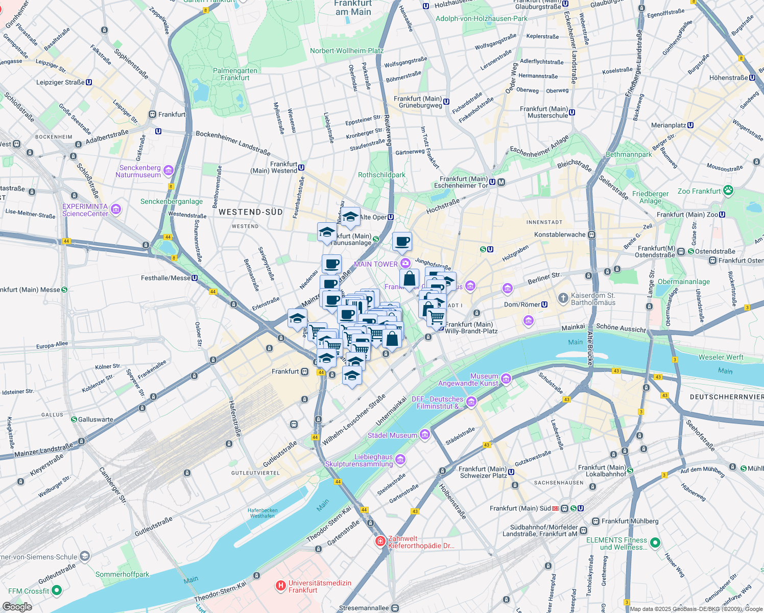 map of restaurants, bars, coffee shops, grocery stores, and more near 1 Taunusanlage in Frankfurt am Main