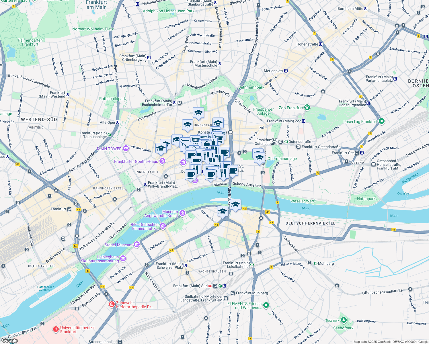 map of restaurants, bars, coffee shops, grocery stores, and more near 1 Domplatz in Frankfurt am Main