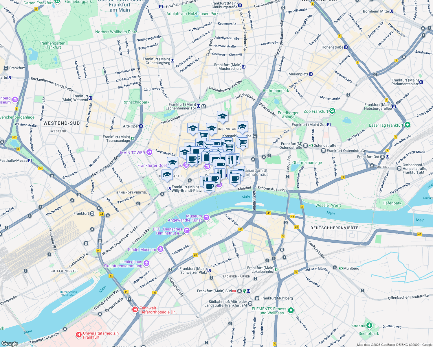 map of restaurants, bars, coffee shops, grocery stores, and more near in Frankfurt
