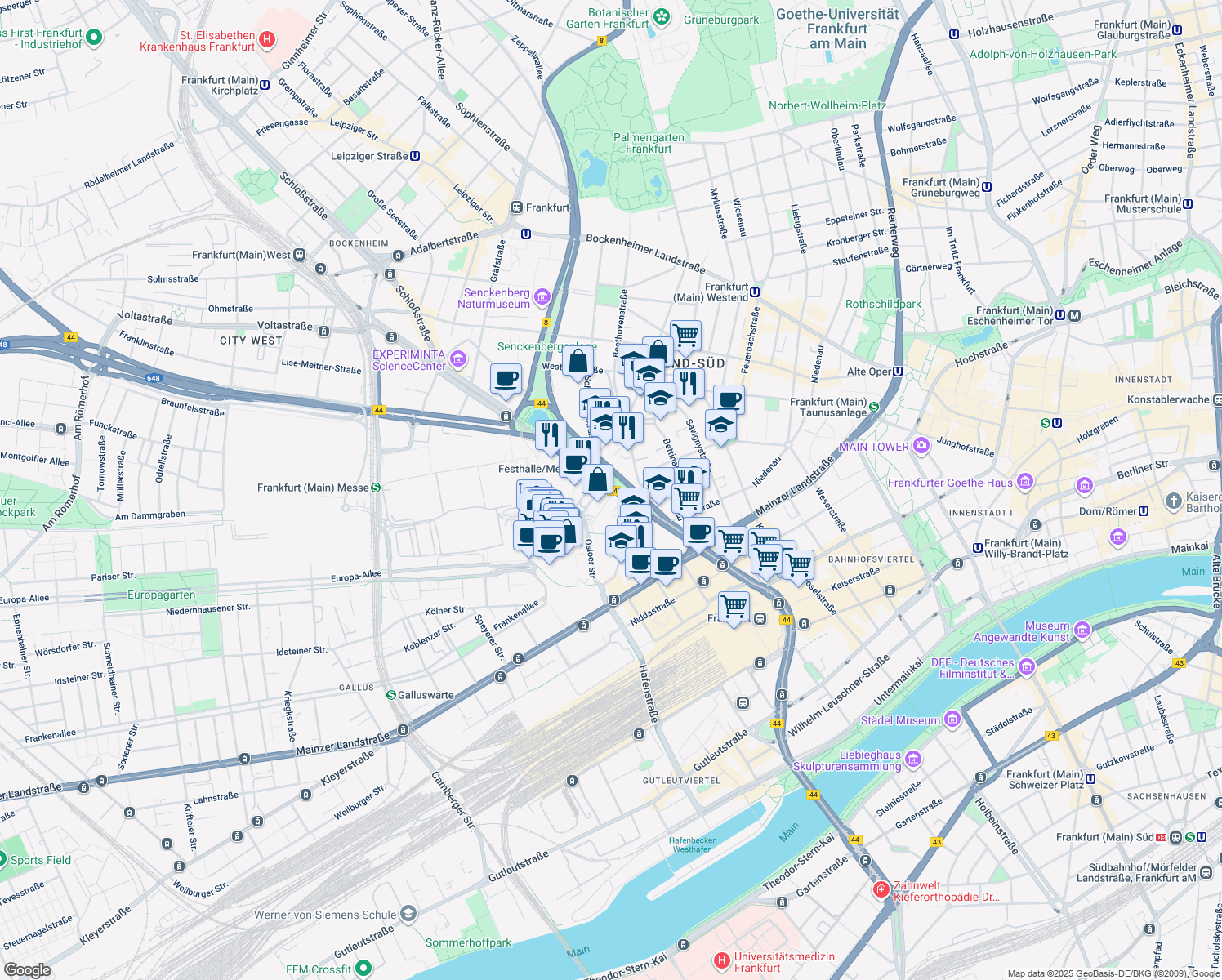 map of restaurants, bars, coffee shops, grocery stores, and more near 37 Friedrich-Ebert-Anlage in Frankfurt