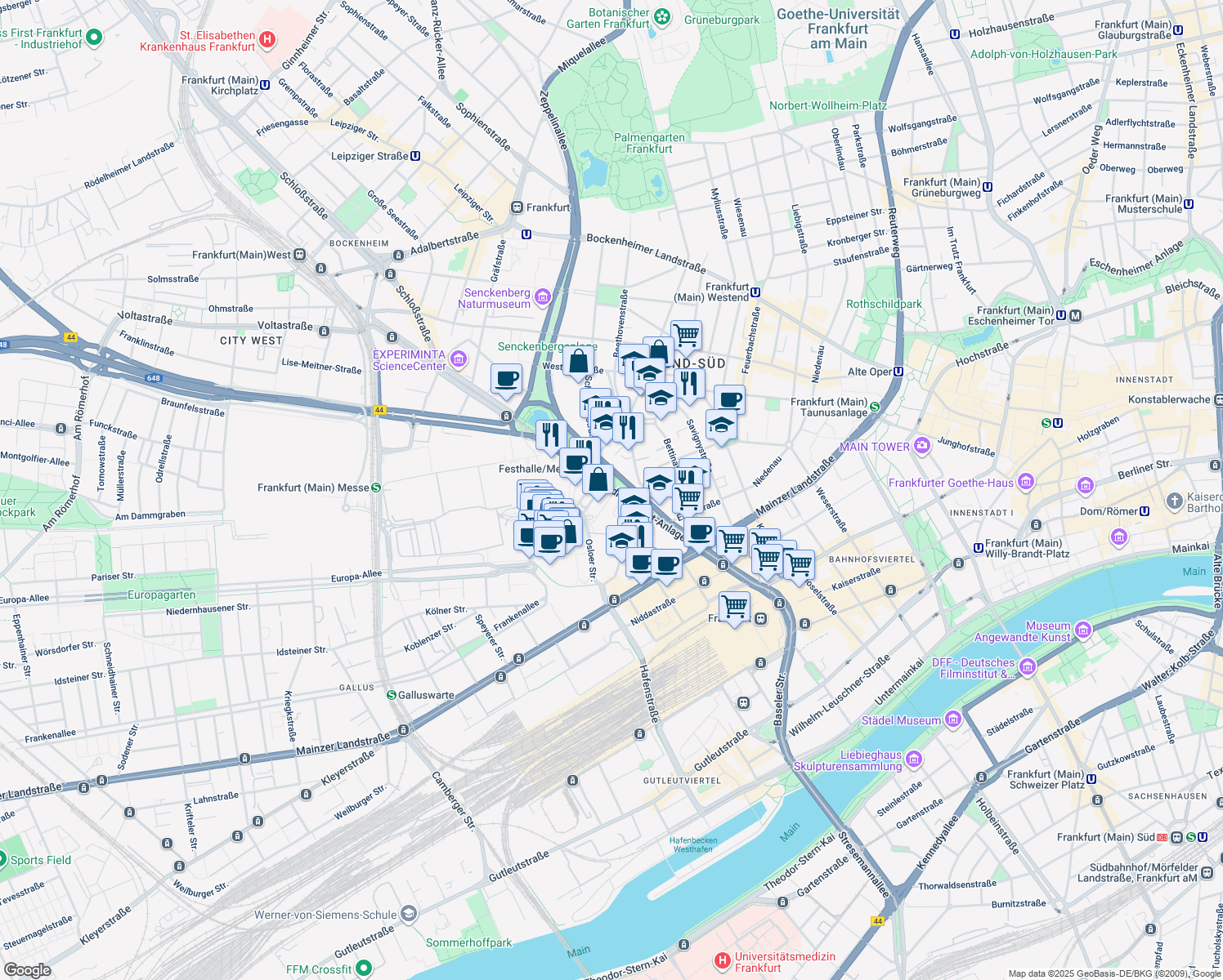 map of restaurants, bars, coffee shops, grocery stores, and more near 37 Friedrich-Ebert-Anlage in Frankfurt