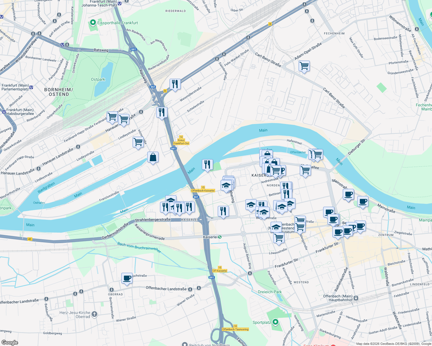 map of restaurants, bars, coffee shops, grocery stores, and more near 144 Nordring in Offenbach am Main