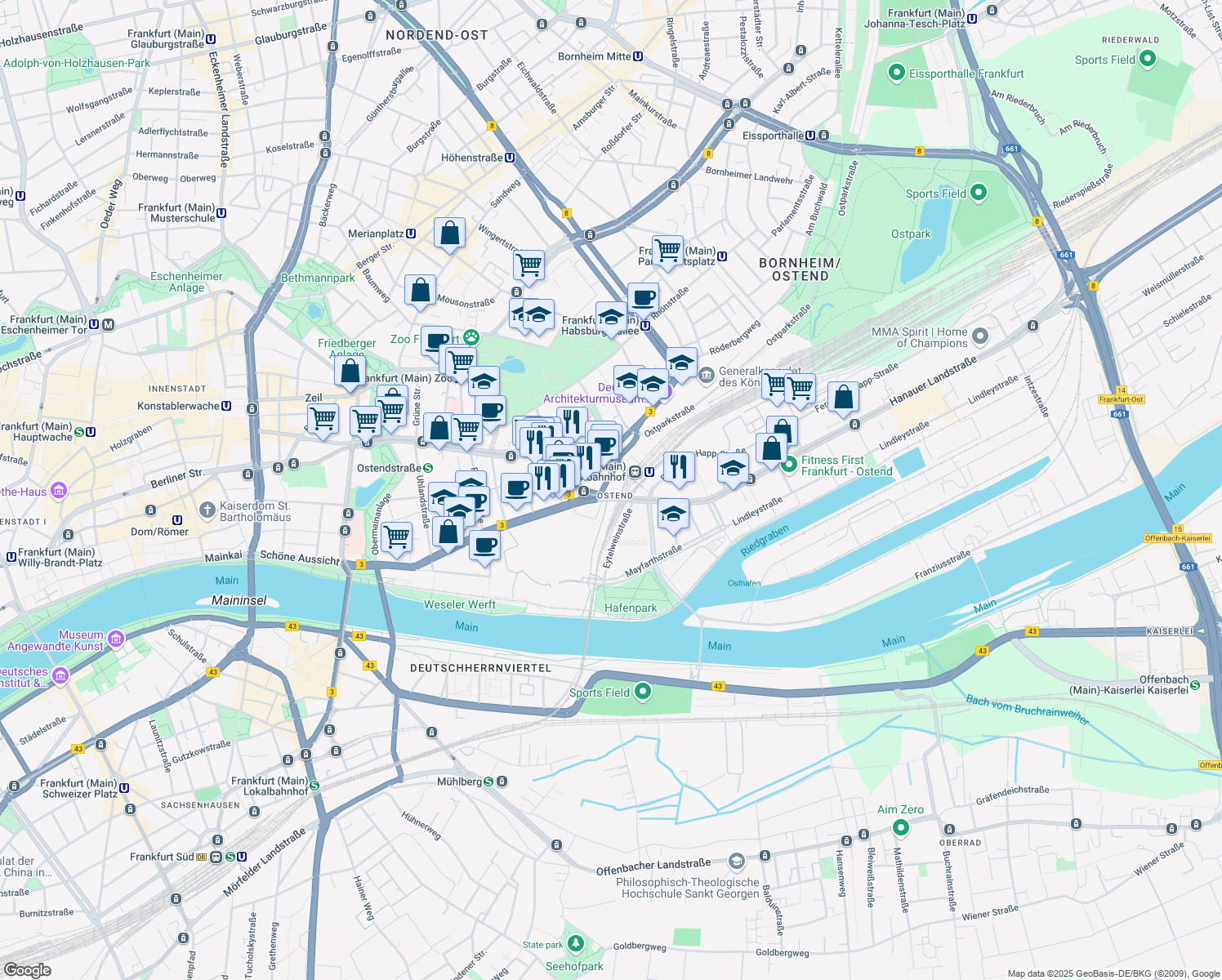 map of restaurants, bars, coffee shops, grocery stores, and more near 4 Grusonstraße in Frankfurt am Main