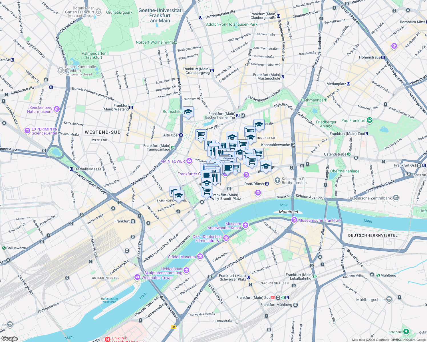 map of restaurants, bars, coffee shops, grocery stores, and more near 16 Große Gallusstraße in Frankfurt