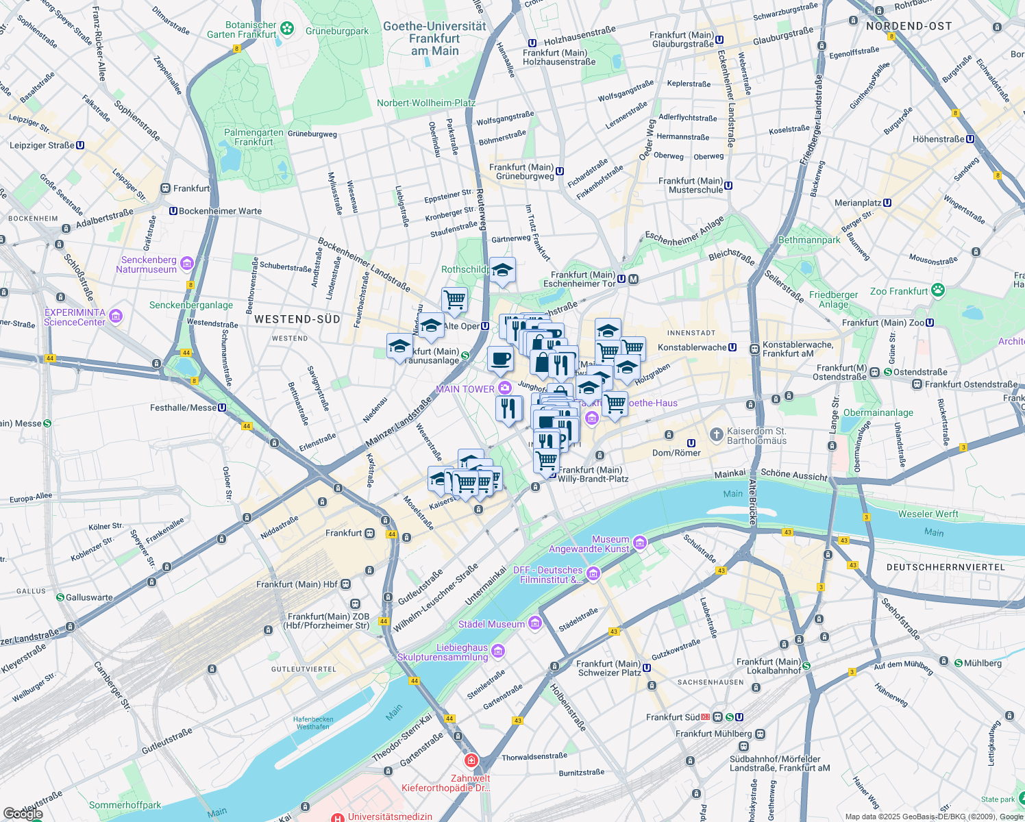 map of restaurants, bars, coffee shops, grocery stores, and more near 46 Neue Mainzer Straße in Frankfurt am Main
