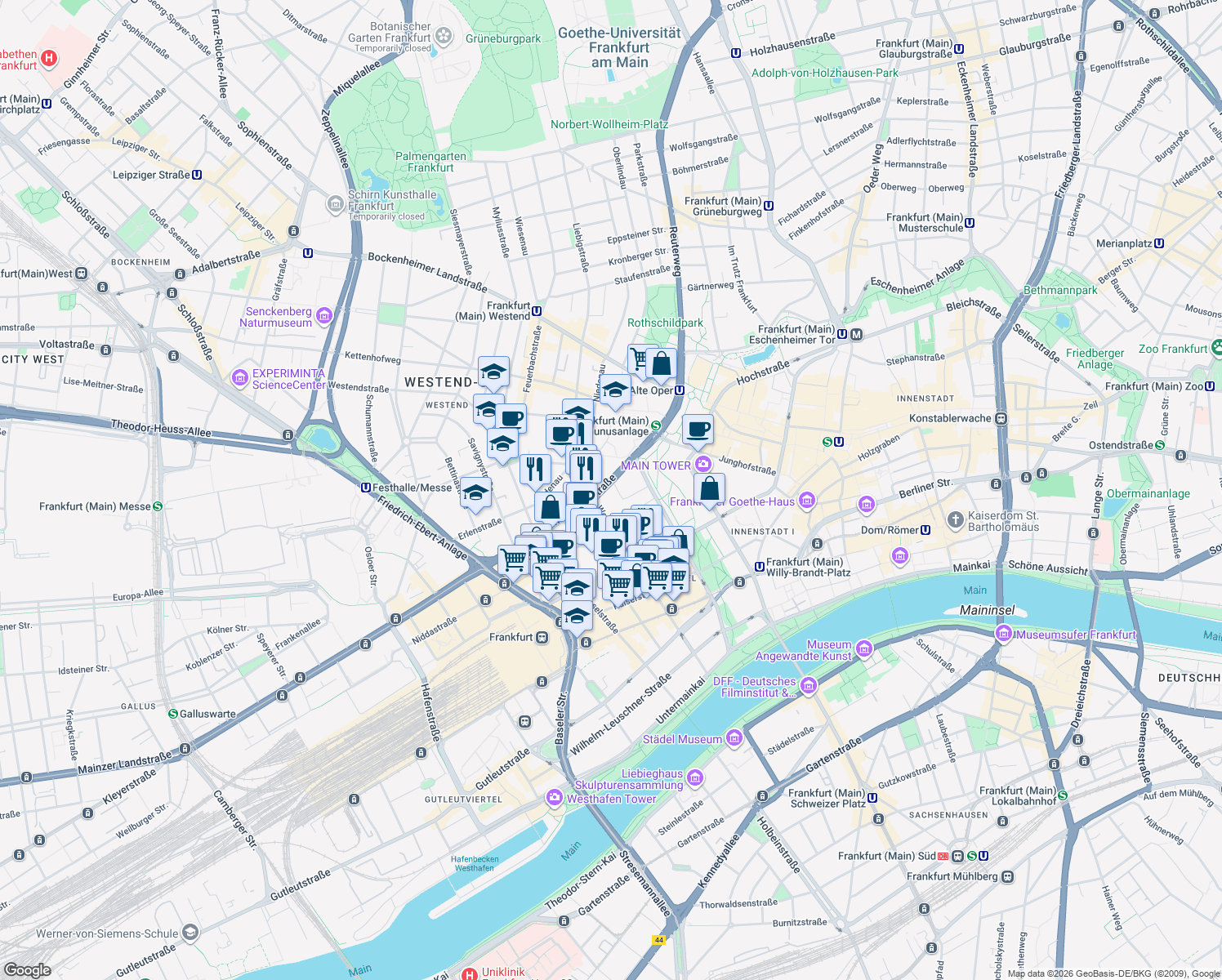map of restaurants, bars, coffee shops, grocery stores, and more near 11 Mainzer Landstraße in Frankfurt am Main