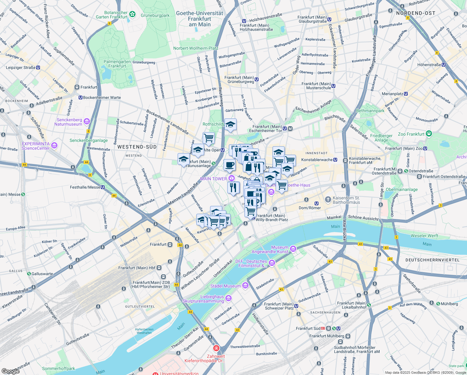 map of restaurants, bars, coffee shops, grocery stores, and more near 46 Neue Mainzer Straße in Frankfurt am Main