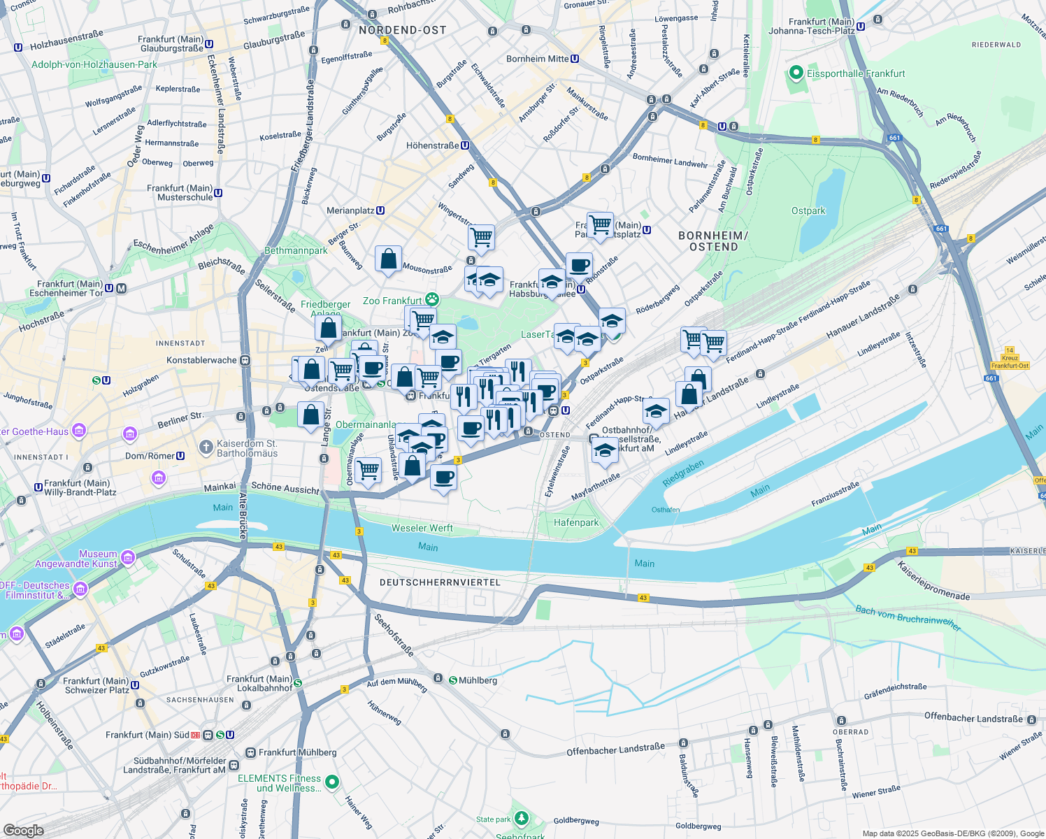 map of restaurants, bars, coffee shops, grocery stores, and more near 81 Hanauer Landstraße in Frankfurt am Main