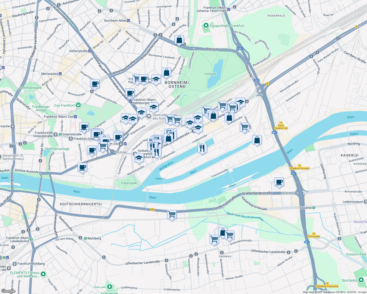 map of restaurants, bars, coffee shops, grocery stores, and more near 10 Lindleystraße in Frankfurt am Main