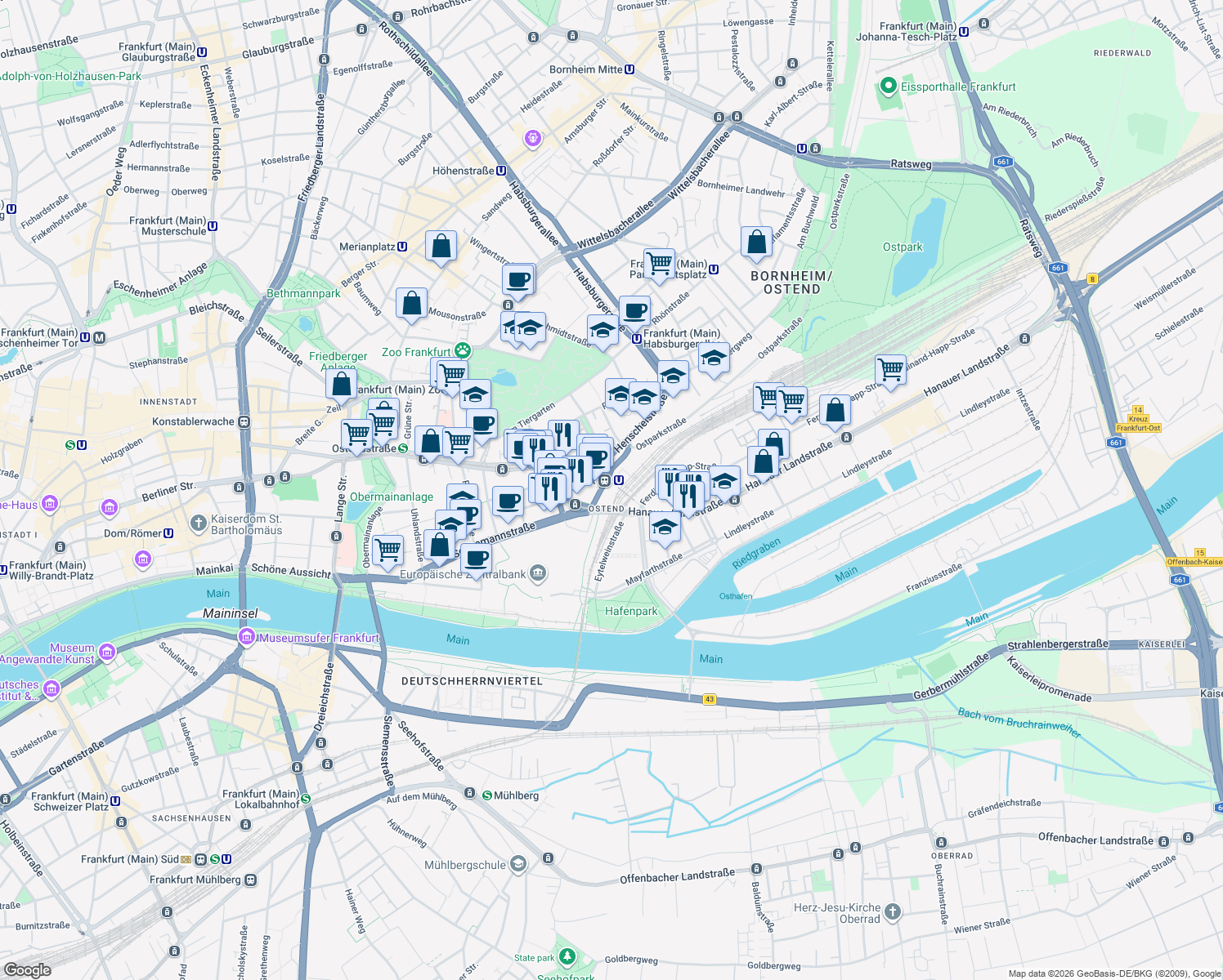 map of restaurants, bars, coffee shops, grocery stores, and more near 4 Grusonstraße in Frankfurt am Main