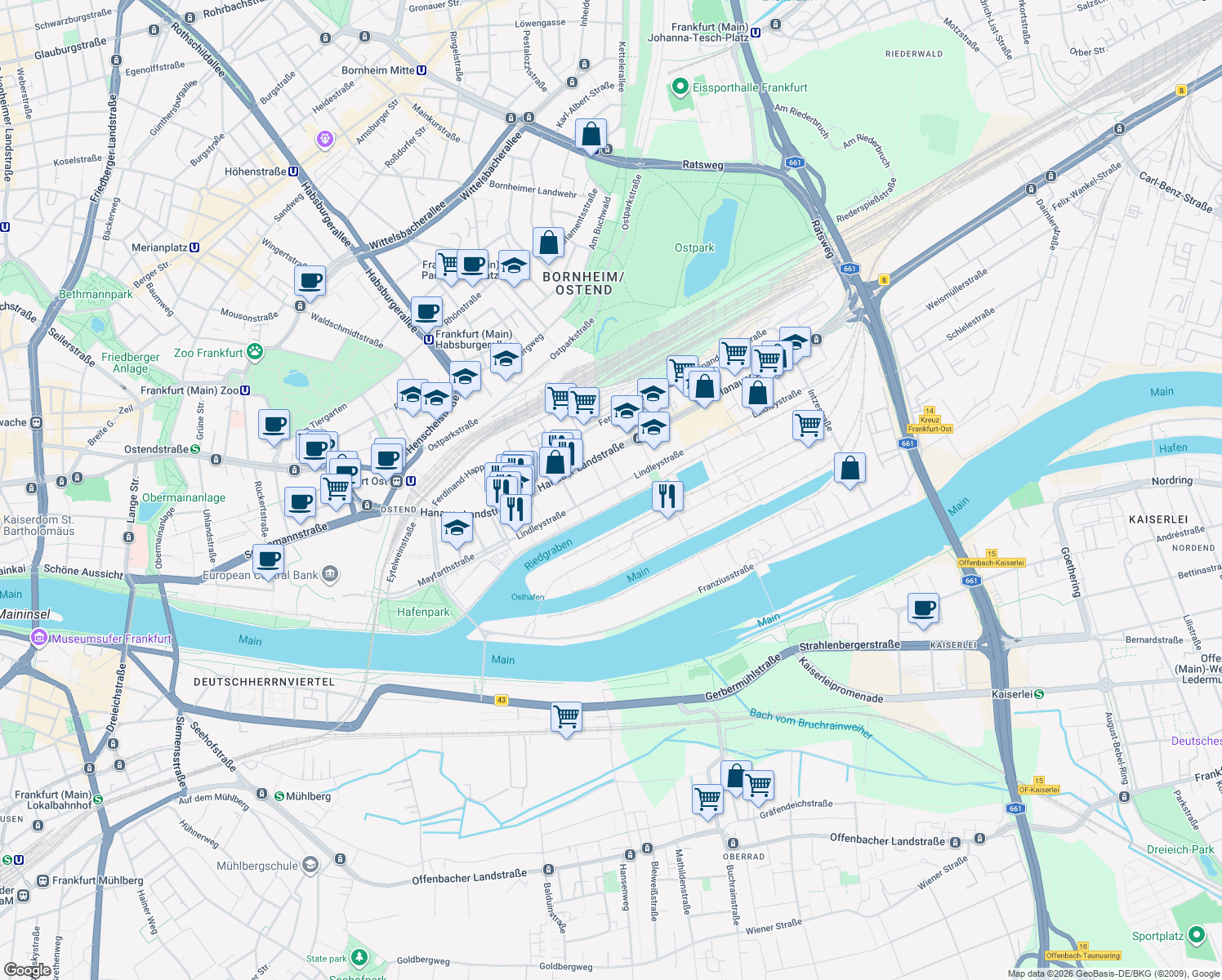 map of restaurants, bars, coffee shops, grocery stores, and more near 10 Lindleystraße in Frankfurt am Main