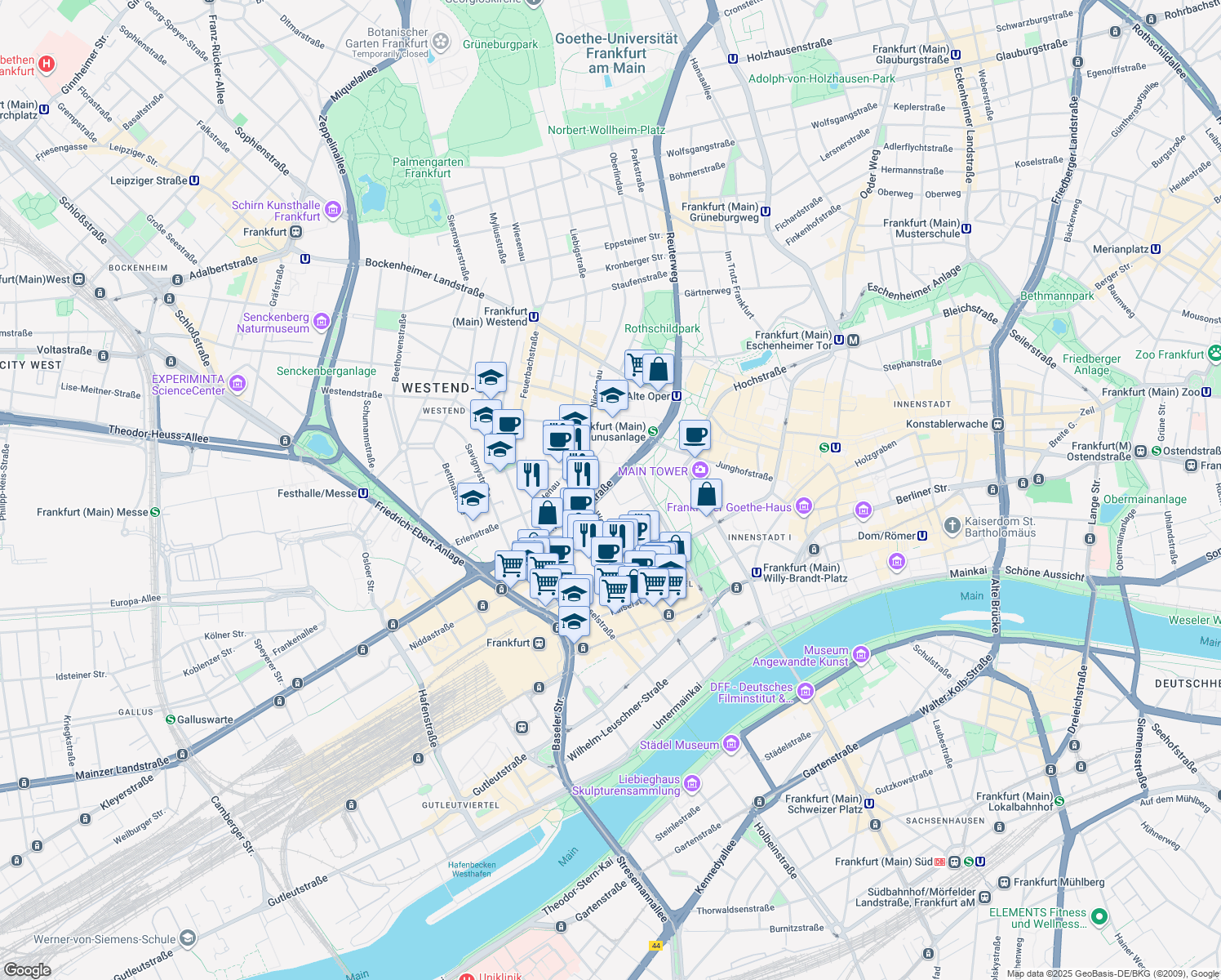 map of restaurants, bars, coffee shops, grocery stores, and more near 5 Mainzer Landstraße in Frankfurt am Main